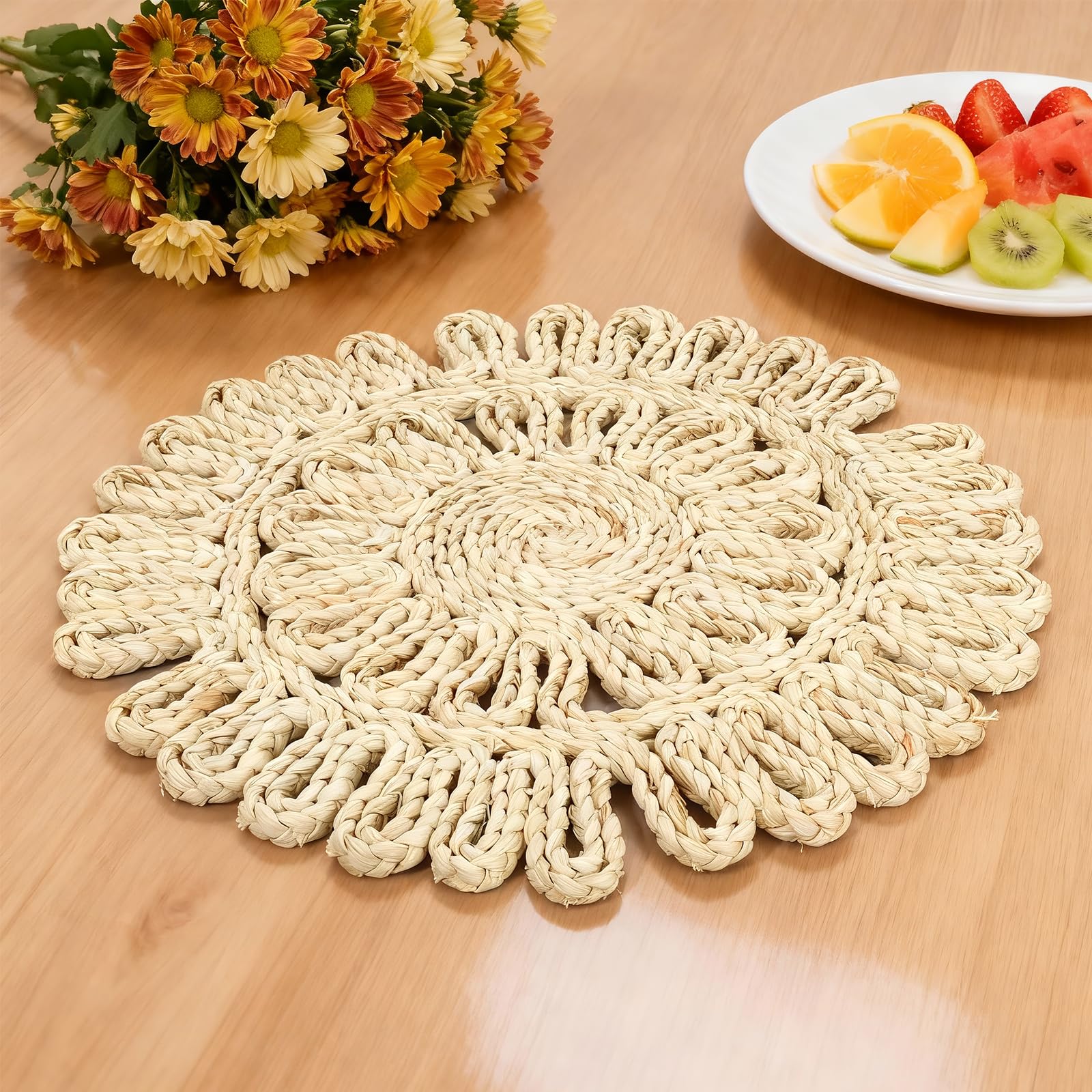 Lot de 6 Sets de Table Ronds Tressés Tournesol 30 cm, Décoration de Table Style Naturel et Bohème, Résistants à la Chaleur, pour Cuisine et Salle à Manger, Beige