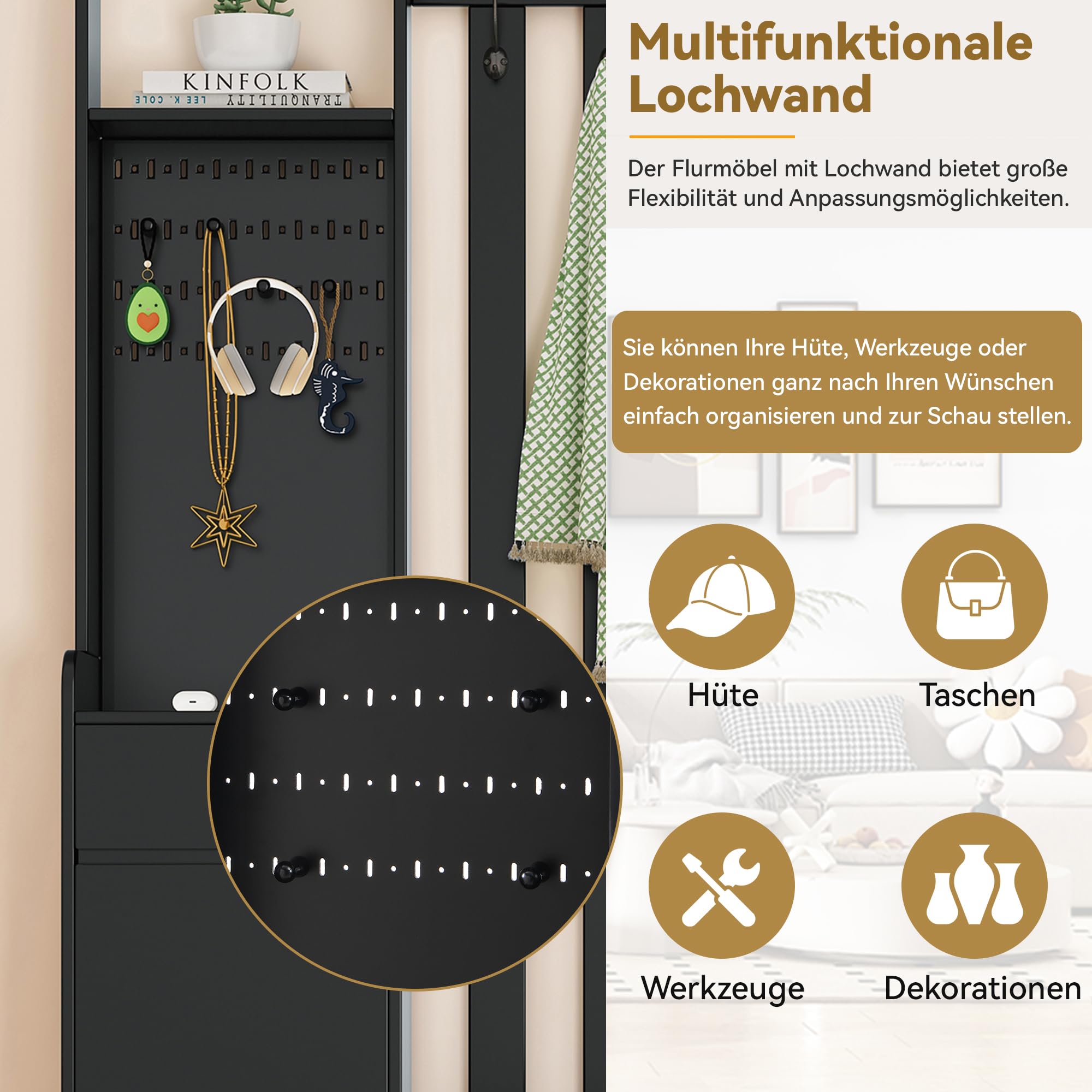 sogesfurniture Garderobe Set mit 4 Kleiderhaken, Schuhbank mit Kissen, 2 Schubladen, Schuhschrank mit Stecktafel, Schwarz