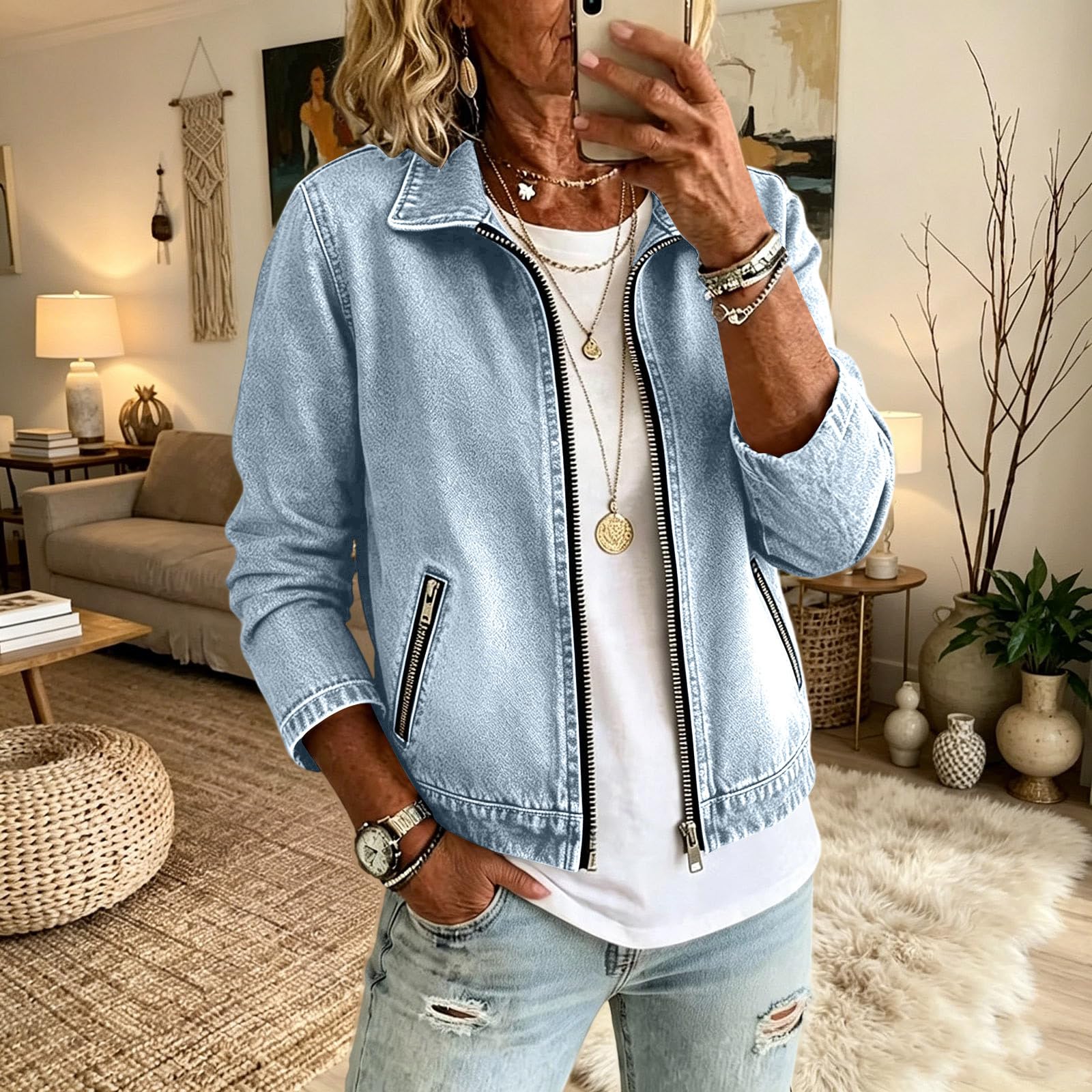 Veste en Jean Femme Courte Zippée Blouson Denim