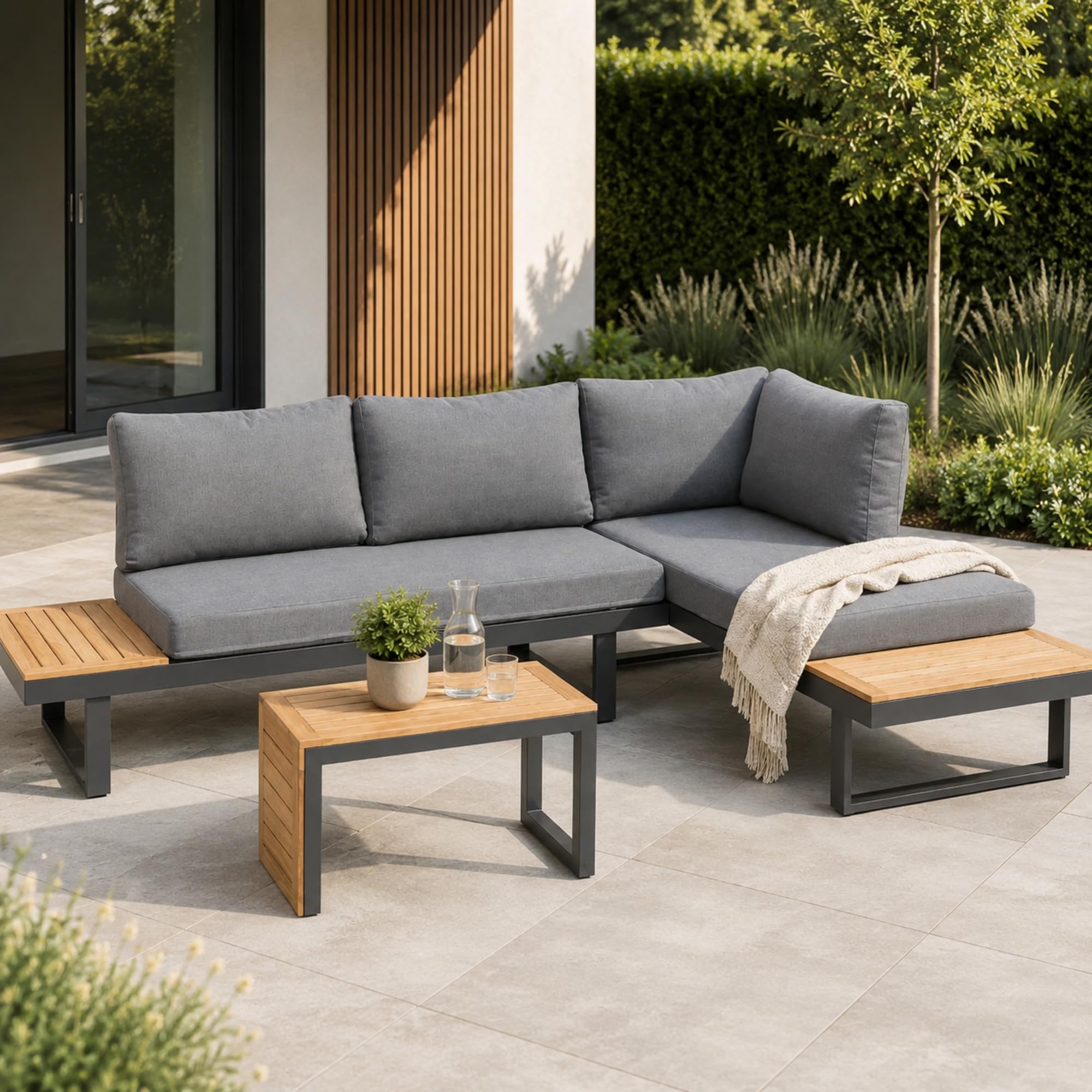 greemotion Lounge-Set Samara, Gartenmöbel-Set aus Aluminium, inklusive Kissen, Anthrazit / Holzfarben / Grau, Mittel