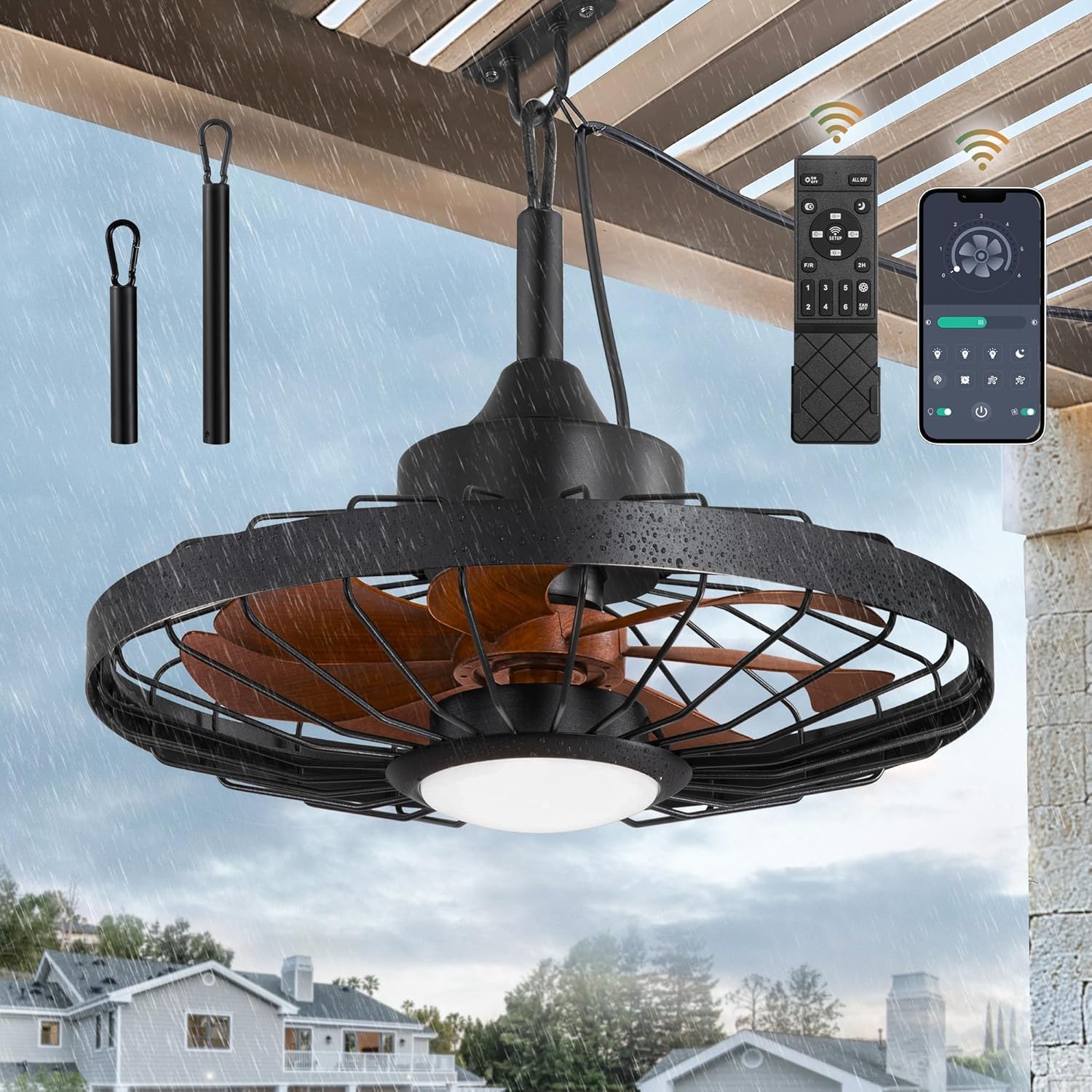 Ventilatore da Soffitto con Luce LED, Nero con Pale in Legno Scuro, Stile Industriale Retrò a Gabbia, Impermeabile IP65, 50 cm, Telecomando e Applicazione
