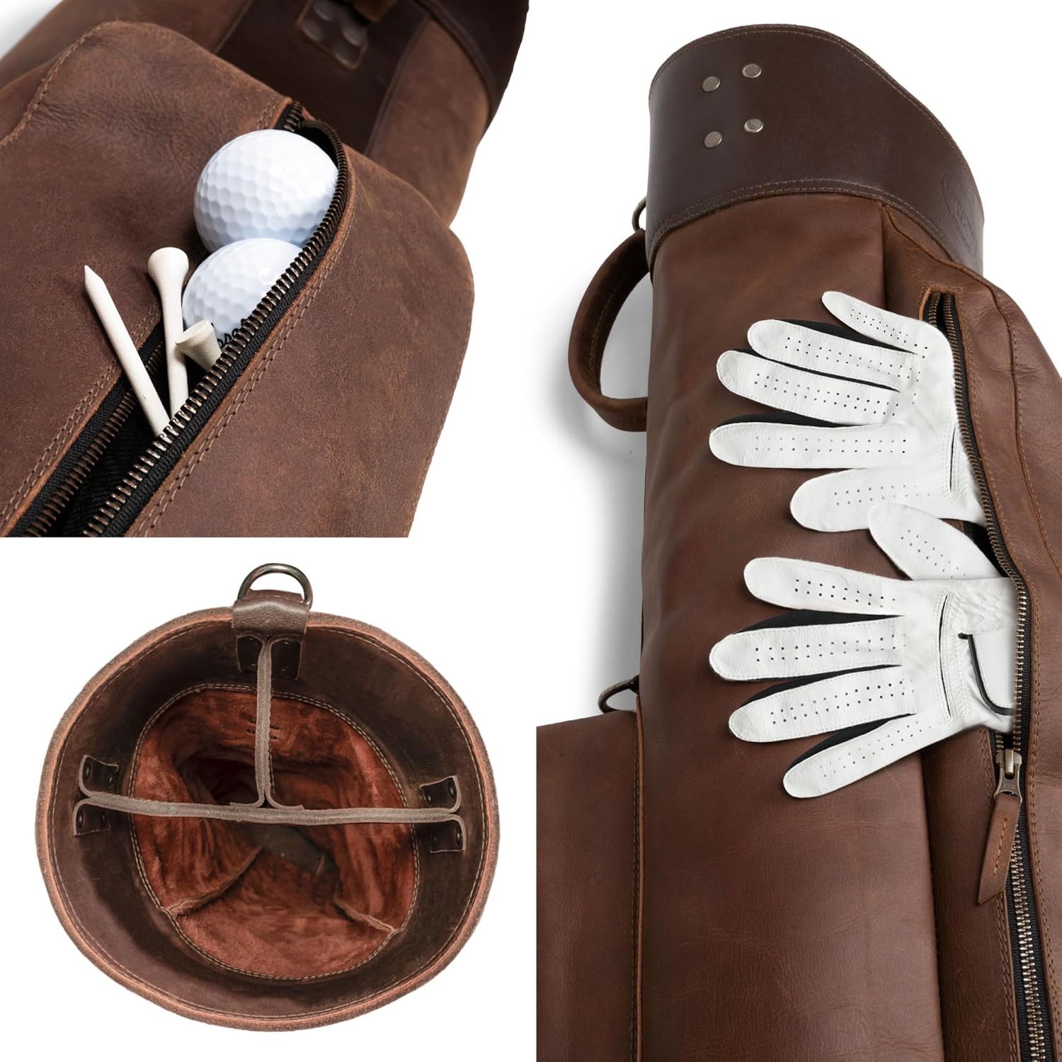 Leather Golf Bag with Top Divider & Shoulder Strap, Vintage Club Golf Cart Bags for Men & Women, Carry Sunday Silencer Stand Bag, Mens Travel Walking Cases, Hard Case Light Weight