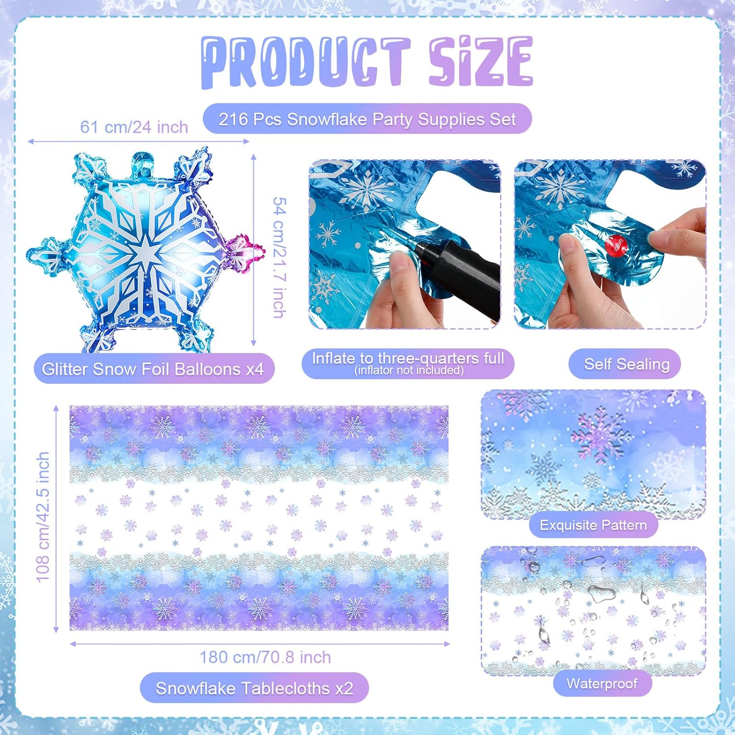 216 Pcs Snowflake Party Decoration Set Birthday Party Supplies Includes Paper Plate Napkin Cup Cutlery Plastic Disposable Tablecloth Glitter Snow Foil Balloon Winter Holiday Serve 30 - Image 3