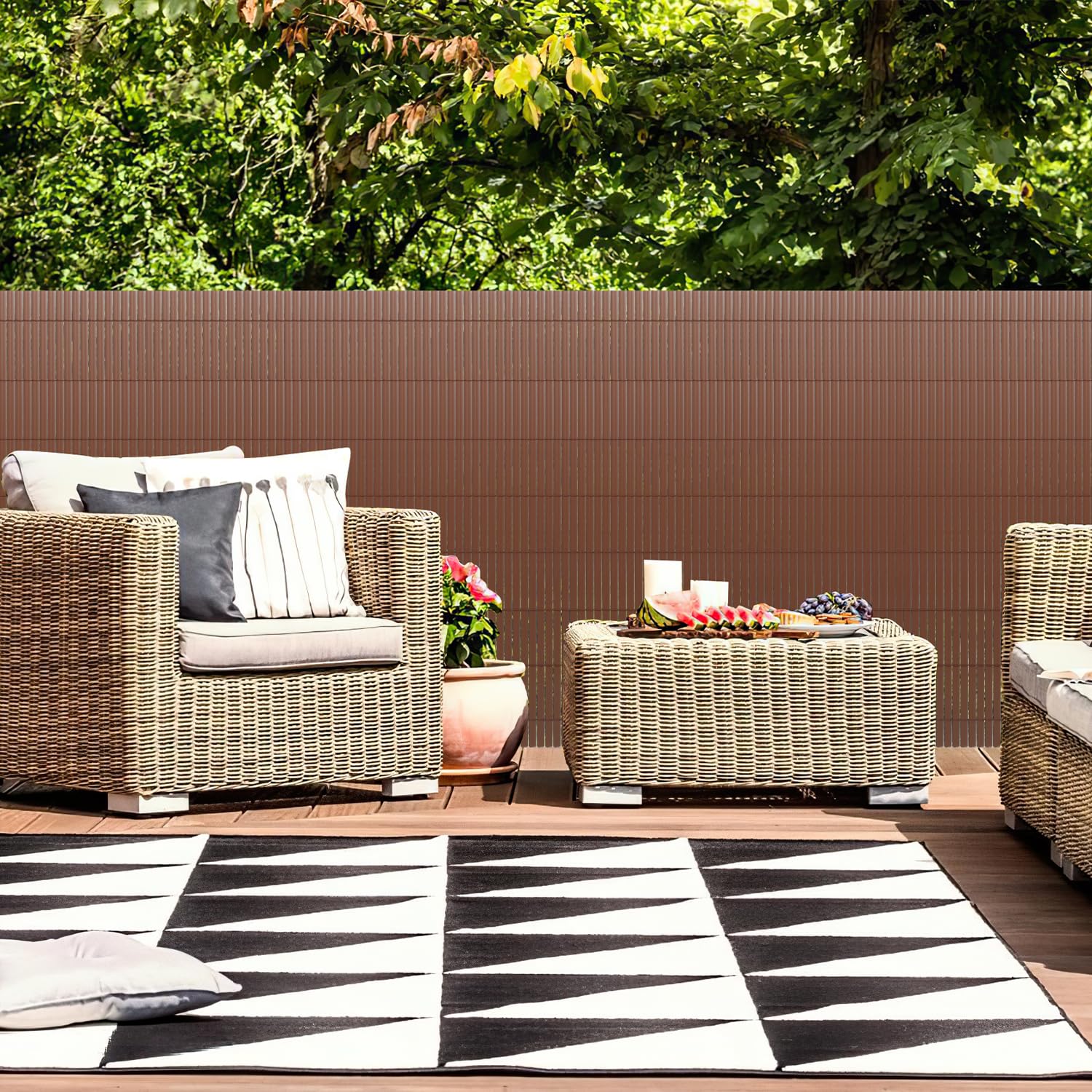Dywan zewnętrzny z PCW, 140 x 700 cm, potrójny Rzo, idealny do ogrodu, na balkon, taras, chroni prywatność dzięki dołączonym zapięciom