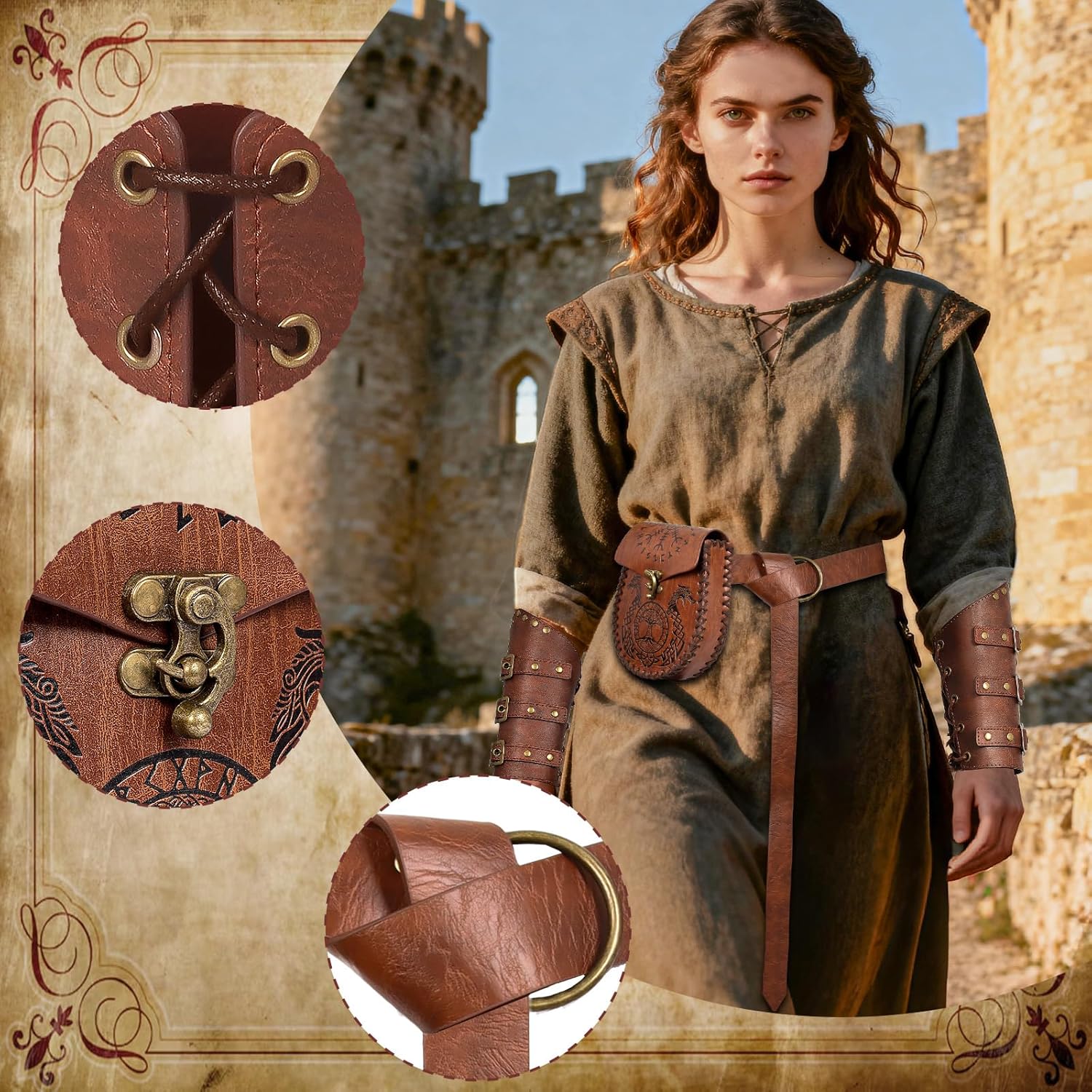 3PCS Renaissance Accessories Set - Viking Medieval Belt with Embossed Pouch & Leather Bracers for Halloween Cosplay & LARP - Image 2