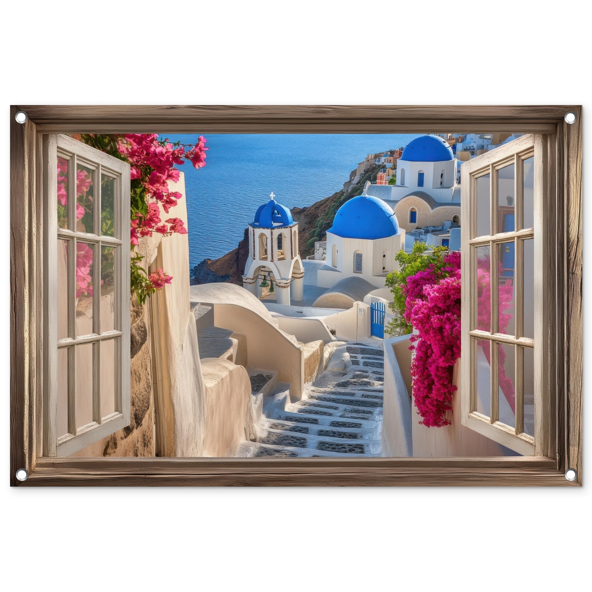 MuchoWow© Garden Poster 35"x23" / 90x60 cm Wall Decor Posters Balcony Accessories Outdoor Decorations Outside Decoration See-through - Santorini - Landscape - Blue - Greek — image 1