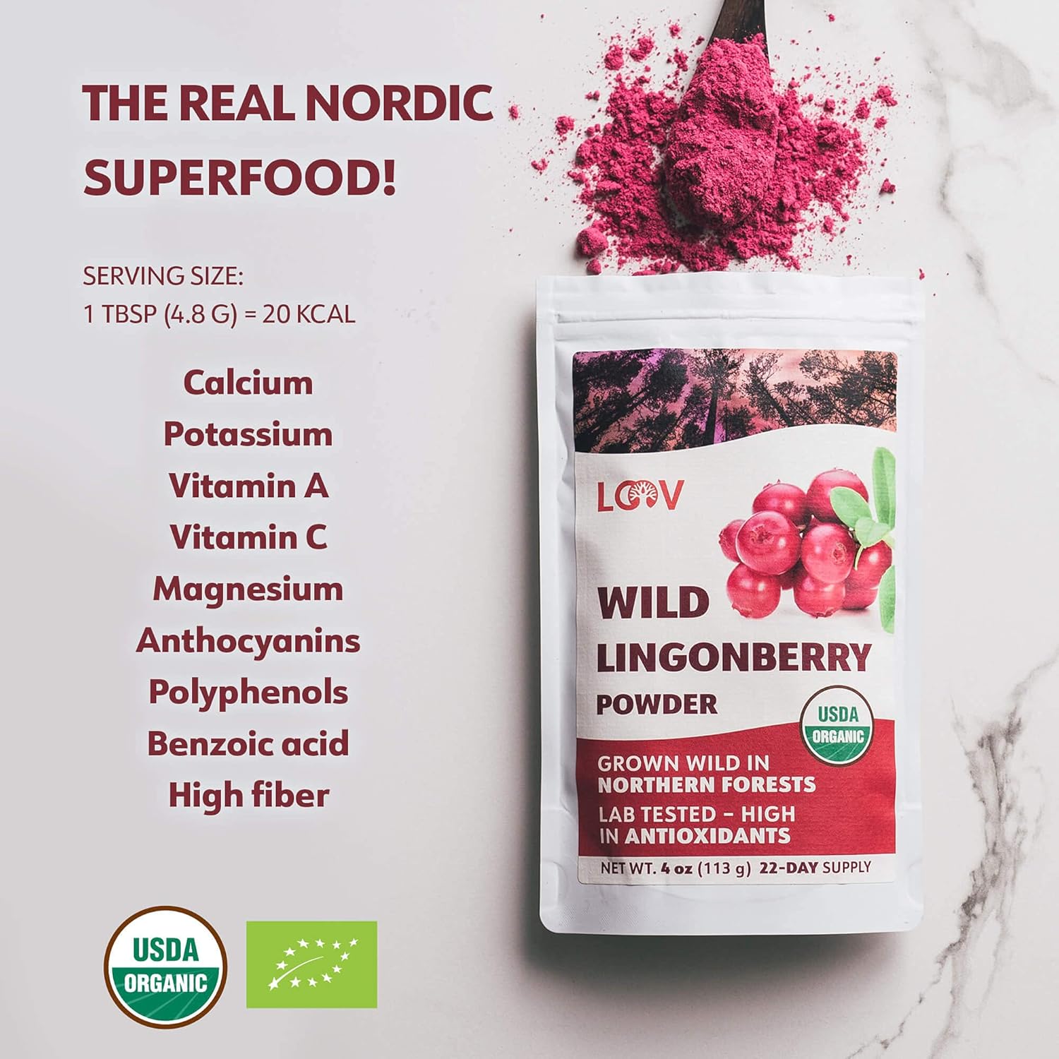 Organic Wild Lingonberry Powder – Freeze-Dried & Powdered Nordic Superberry, Traditional Scandinavian–Swedish Food – Pure, Non-GMO & No Added Sugar – 4oz (16 Servings)