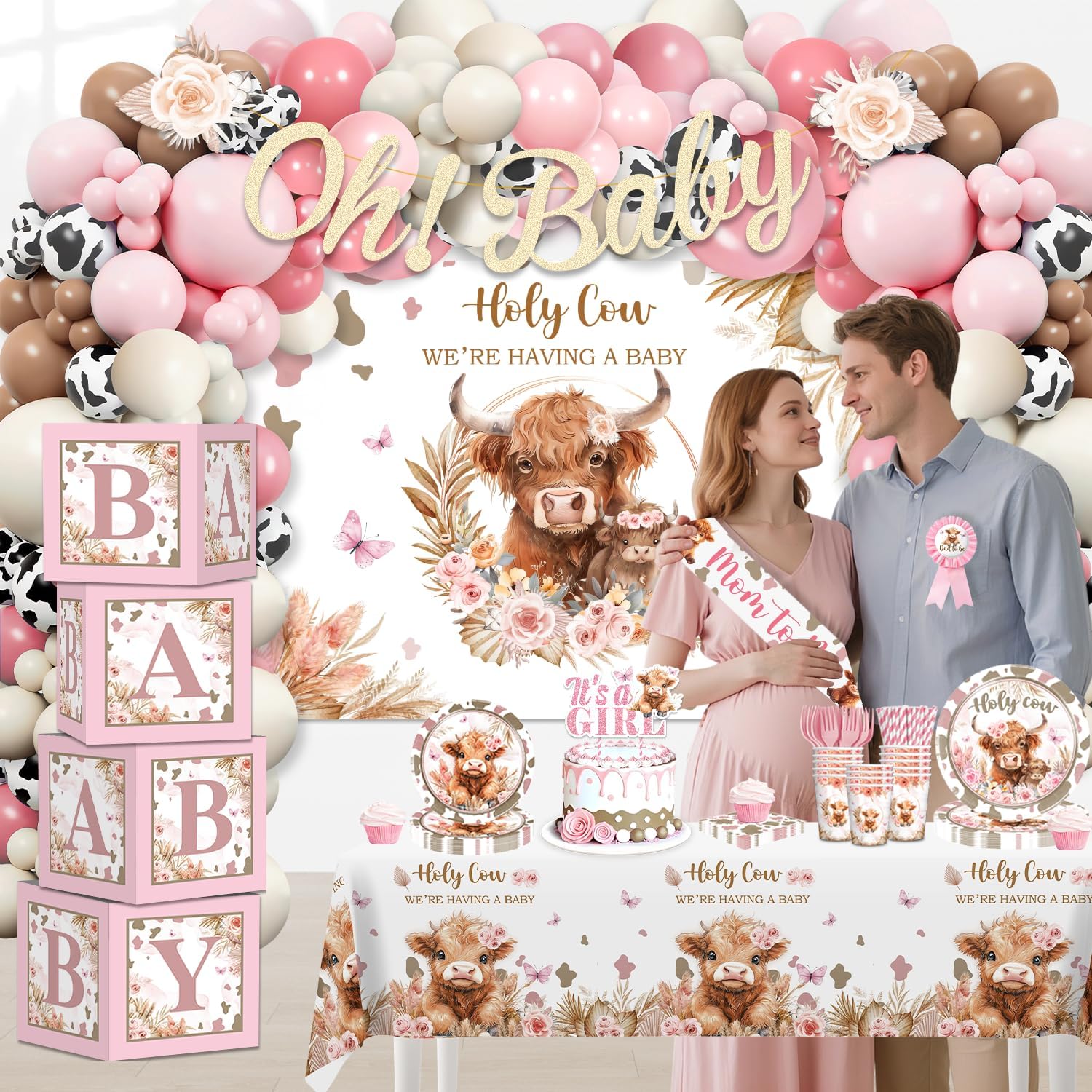 Highland Cow Baby Shower Decorations, Complete Pink Baby Shower Decorations, Holy Cow We're Having a Baby Banner Balloons Backdrop Paper Plates and Napkins Decor
