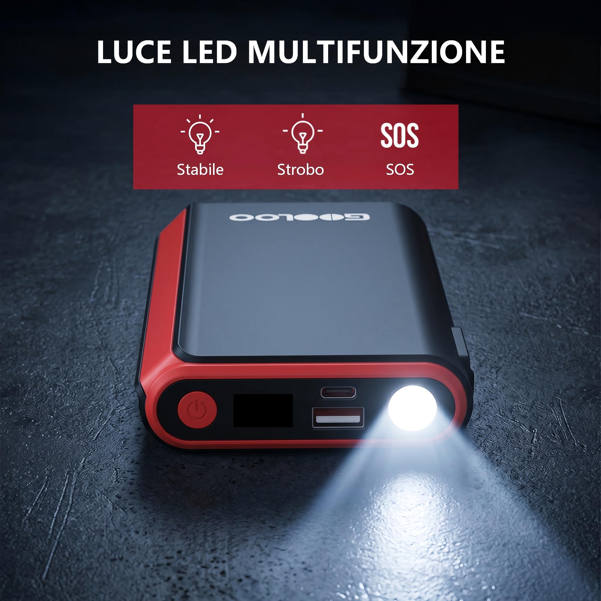 GOOLOO Avviatore di emergenza GE2000 2000A con morsetti in metallo intelligenti e ricarica rapida | 8L Gas / 6L Diesel compatibile, USB-A Fast Charging Port, Luce di emergenza LED, 12 V batteria auto Booster per auto e SUV