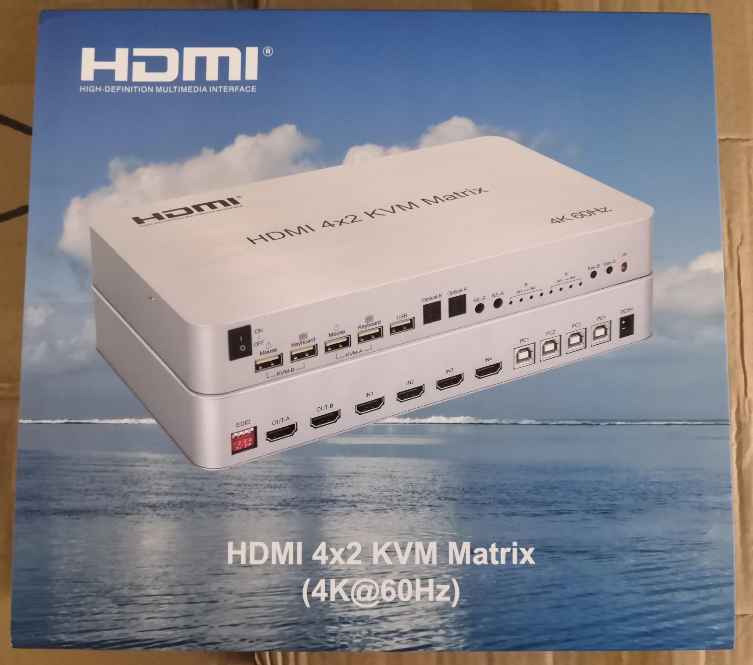 Swallows Commutateur 4 ports USB HD KVM Matrix 4 x 2 double écran 4 K @ 60 Hz HDR 4 en 2 sorties HD 2.0 pour clavier USB 2.0 souris PC avec double audio indépendant.