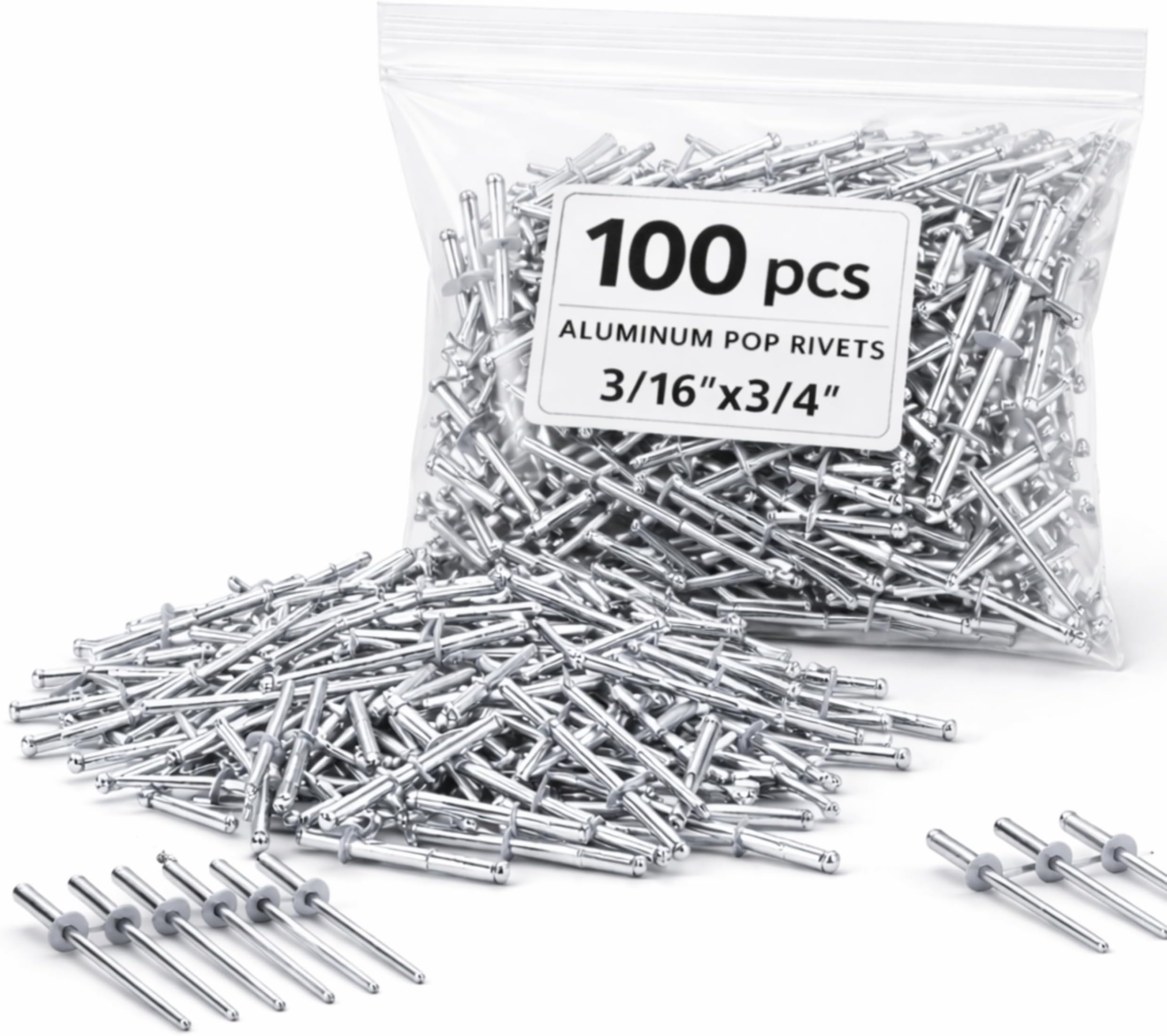 100PCS Large Flange Aluminum Pop Rivets 3/16" X 3/4" Big Head Steel Mandrel Dome Body Blind Clenches Set for Sheet Steel Duct Work Aluminum Boat Clenches Long Pop Rivets