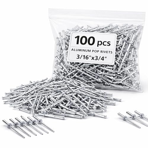 100PCS Large Flange Aluminum Pop Rivets 3/16" x 3/4" Big Head Steel Mandrel Dome Body Blind Clenches Set for Sheet Steel Duct Work Aluminum Boat Clenches Long Pop Rivets