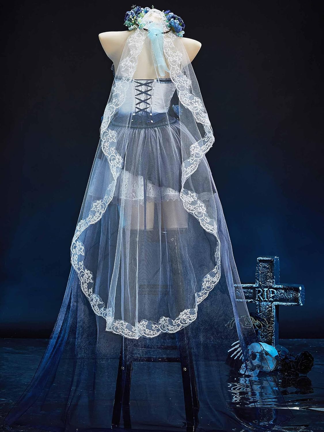 MEOWCOS Womens Gothic Dress Halloween Punk Dress Bride Dress Irregular Tube Dress with Tail Skirt and Veil