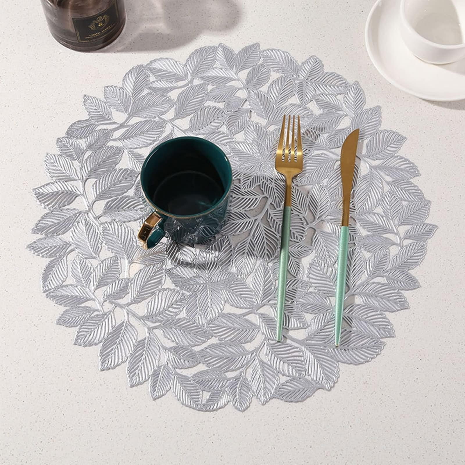Tischset Herbst PVC, Platzset 6er Set 38cm Muster Aus Hohlen Ulmenblättern Silber für Küche Restaurant Speisetisch