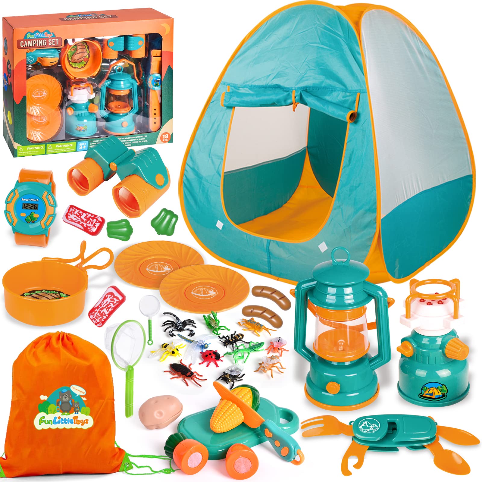 FUN LITTLE TOYS Kids Camping Set with Pop Up Play Tent Camping Toys with Battery Lantern and Drawstring Bag Indoor Outdoor Pretend Play, Birthday Gifts for Boys and Girls