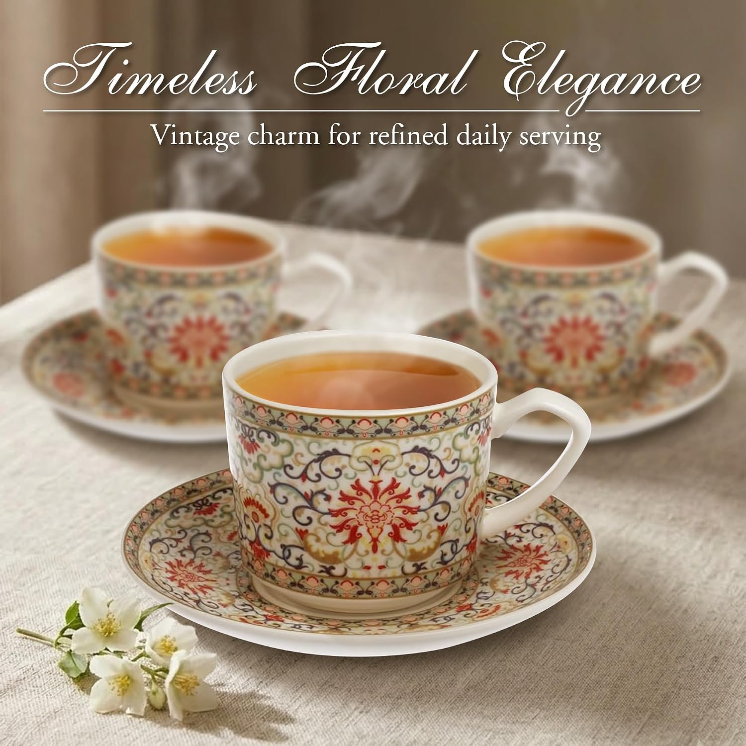 Zagara Home Arjin Porcelain Coffee Cup Set of 6, Espresso Cups and Saucers Set, Turkish Coffee Cups, French Coffee Cups, Lightweight Porcelain Vintage Small Cups for Coffee and Tea