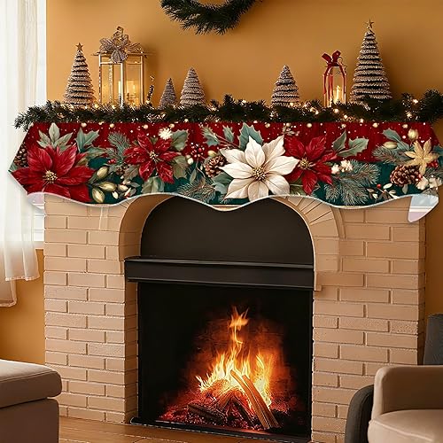 Miniatura 9 de Bufanda de Navidad para chimenea, cubierta decorativa para Navidad, invierno, mantel superior (flor de pascua con borde dorado, 70 pulgadas de largo