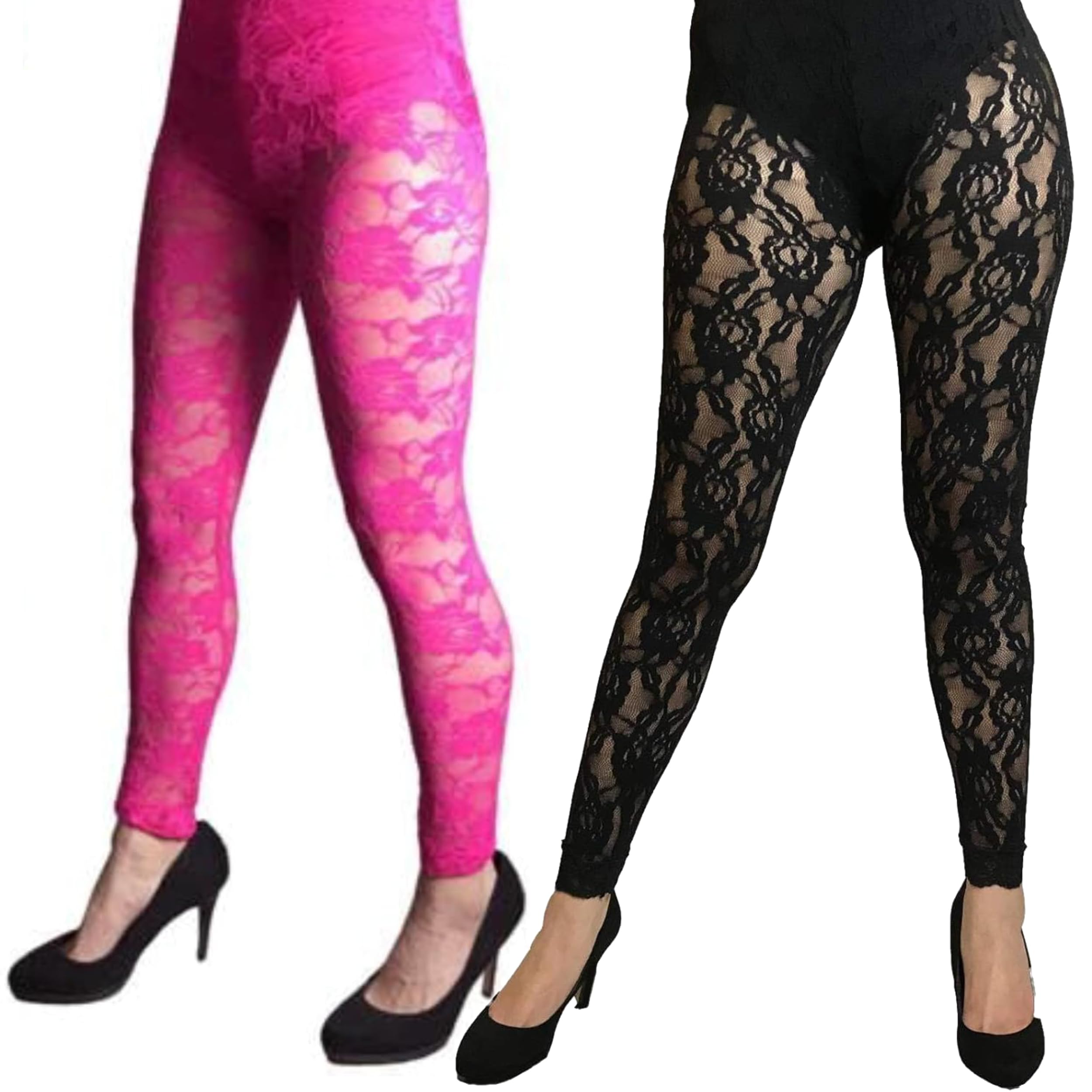 Sowest Women's Black ’S 80S Lace Leggings – Neon Footless Flower Patterned Tights For 1980S Fancy Dress For Disco Parties | Fashion Party Accessories Retro Outfits - S-M