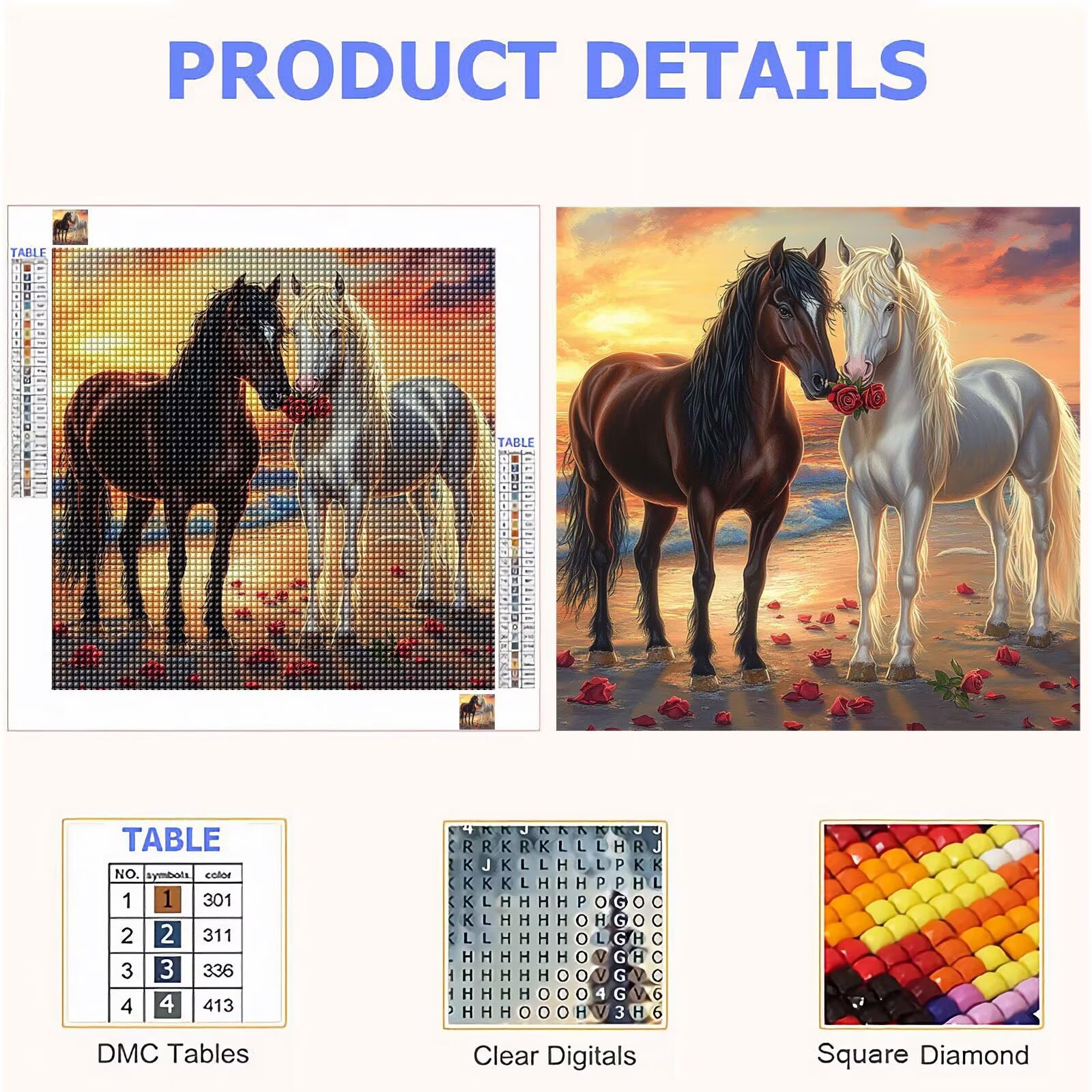 5D Diamond Painting Kit Completo, Diamond Painting Cavallo DIY Hobby Creativi Adulti Pittura Diamante Strass Mosaico Kit per Bambini Principianti, Decorazioni Casa Parete Spiaggia 80x80cm FX#836