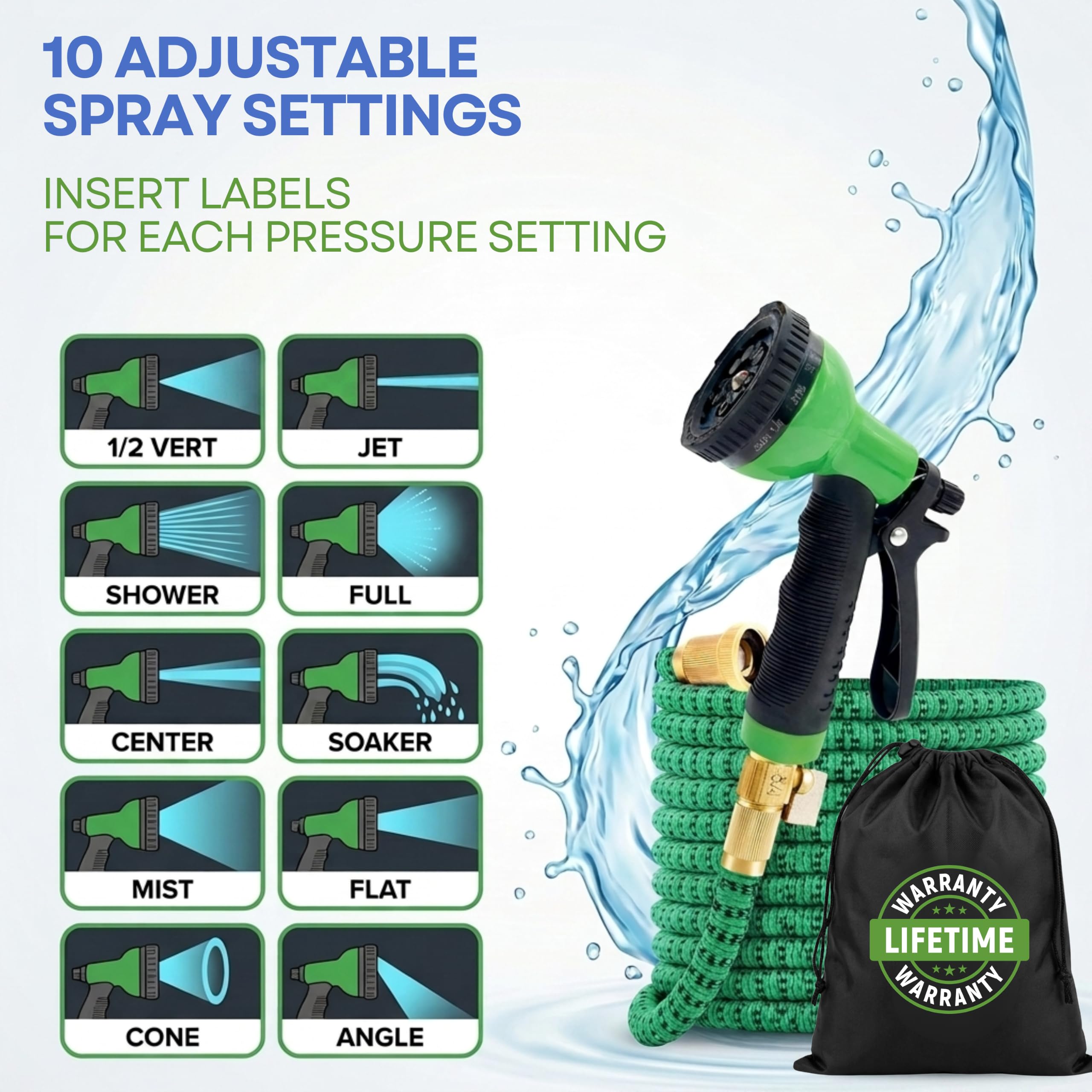 J&B XpandaHose - Manguera de jardín expandible de 50 pies con soporte, resistencia superior 3750D, núcleo de látex de 4 capas, conectores de latón extra fuertes y 10 boquillas de pulverización con