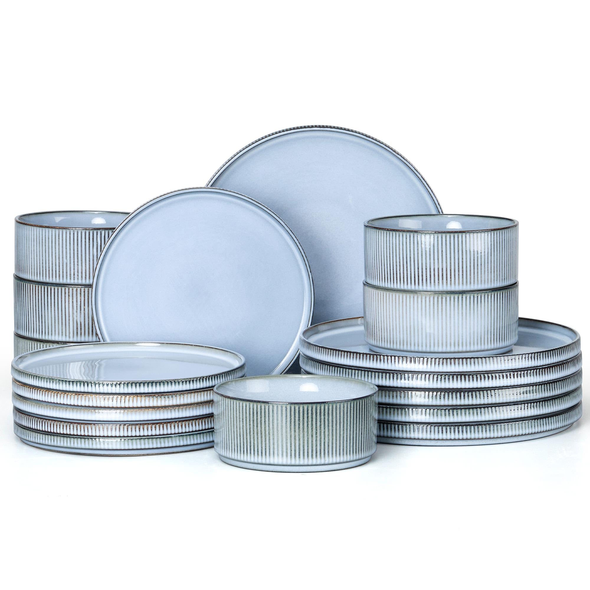 E-far Stoneware Dinnerware Sets, 18-Pieces Modern Plates and Bowls Sets, Kitchen Dinning Porcelain Dishes Set for 6, Chip &amp; Scratch Resistant, Dishwasher &amp; Microwave Safe, Dusty Blue