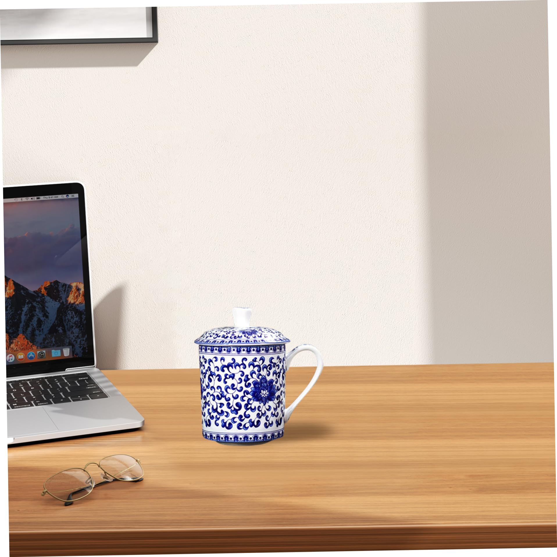 Tazza in Ceramica con Coperchio, Tazze da tè Cinesi, Tazza da tè Elegante in Ceramica Blu e Bianca di capacità da 500 ml con Coperchio e Manico per Ufficio Domestico a Foglie sfuse