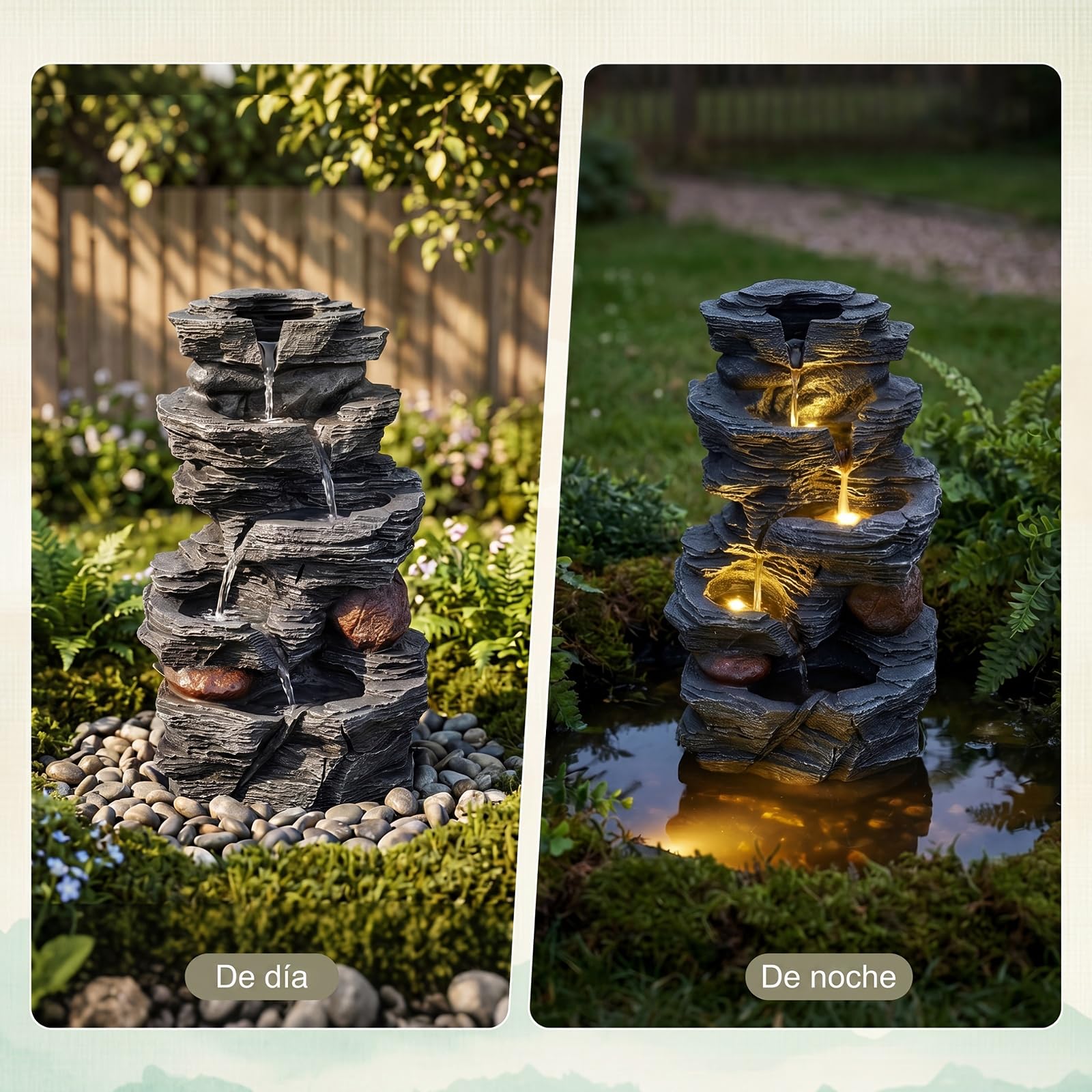 COSTWAY Fuente de Agua en Cascada 5 Niveles, Iluminación LED Bomba, 45,5 cm | Fuente Jardin Exterior, Decoración Independiente de Mesa o Suelo Salón Patio Terraza