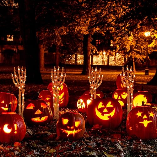 Miniatura 5 de Decoraciones de Halloween para exteriores, paquete de 4 decoraciones de brazo de esqueleto iluminado, 100 luces LED moradas y naranjas con 11 modos,