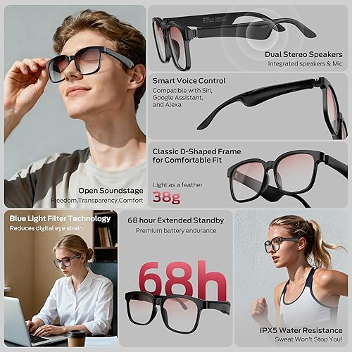Miniatura 3 de Oraolo Gafas inteligentes, gafas de sol polarizadas con altavoz Bluetooth, música inalámbrica y llamadas, protección UV atlética/al aire libre y