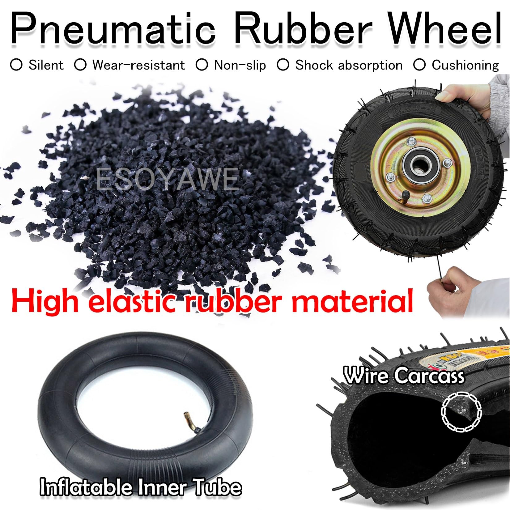 Wytrzymałe gumowe opony pneumatyczne 200 mm 250 mm - zestaw 2 rolek transportowych przemysłowych ze śrubami hamulcowymi i płytkami metalowymi, obrotowymi o 360°, bez śladów i cichymi kółkami