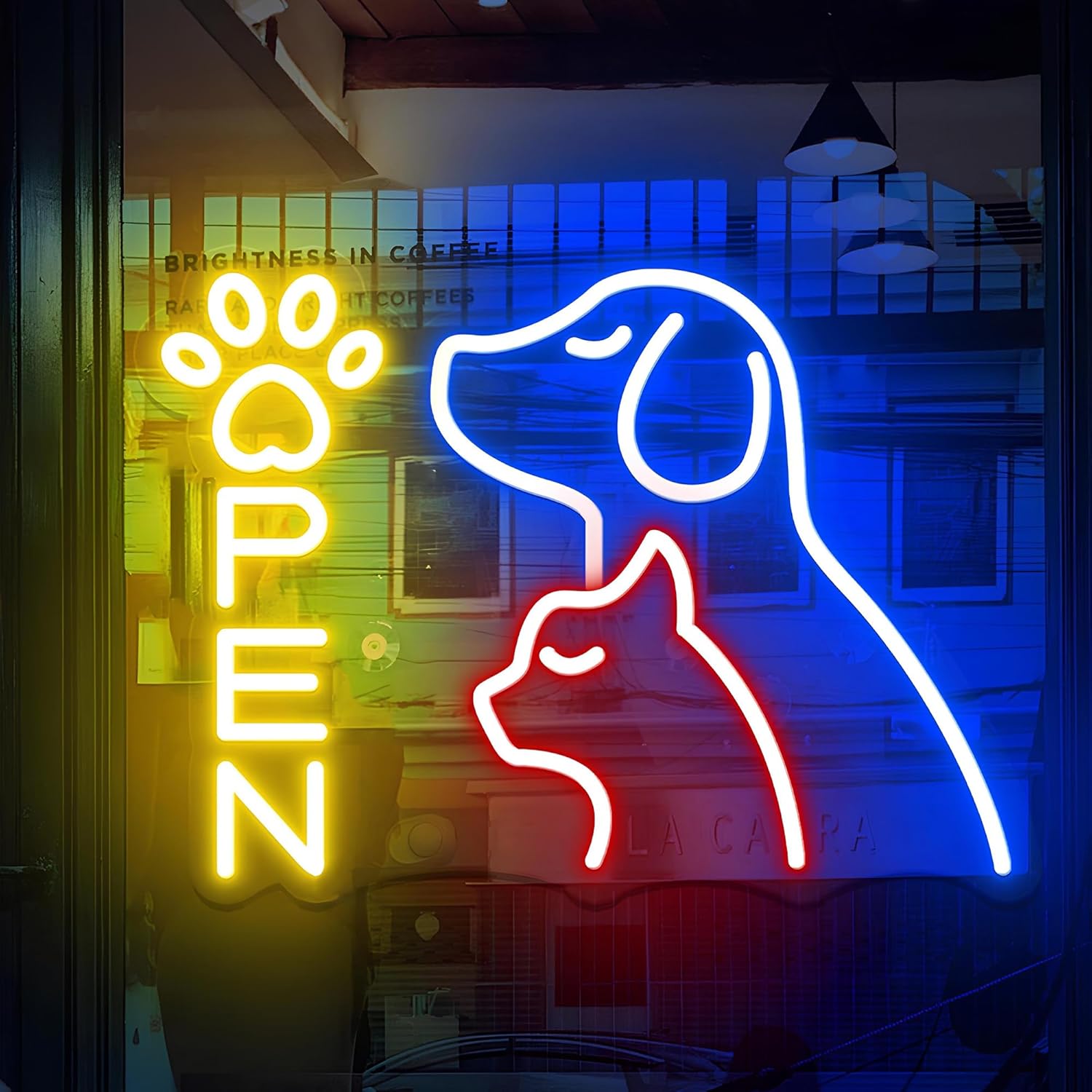 Pet Shop OPEN Neon Sign - LED Storefront Lights with Adjustable Brightness, USB Powered, Pet Stores and Animal Clinics Neon Wall Signs 16.5″ × 11.3″