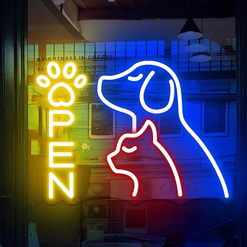 Pet Shop OPEN Neon Sign - LED Storefront Lights with Adjustable Brightness, USB Powered, Pet Stores and Animal Clinics Neon Wall Signs 16.5″ × 11.3″