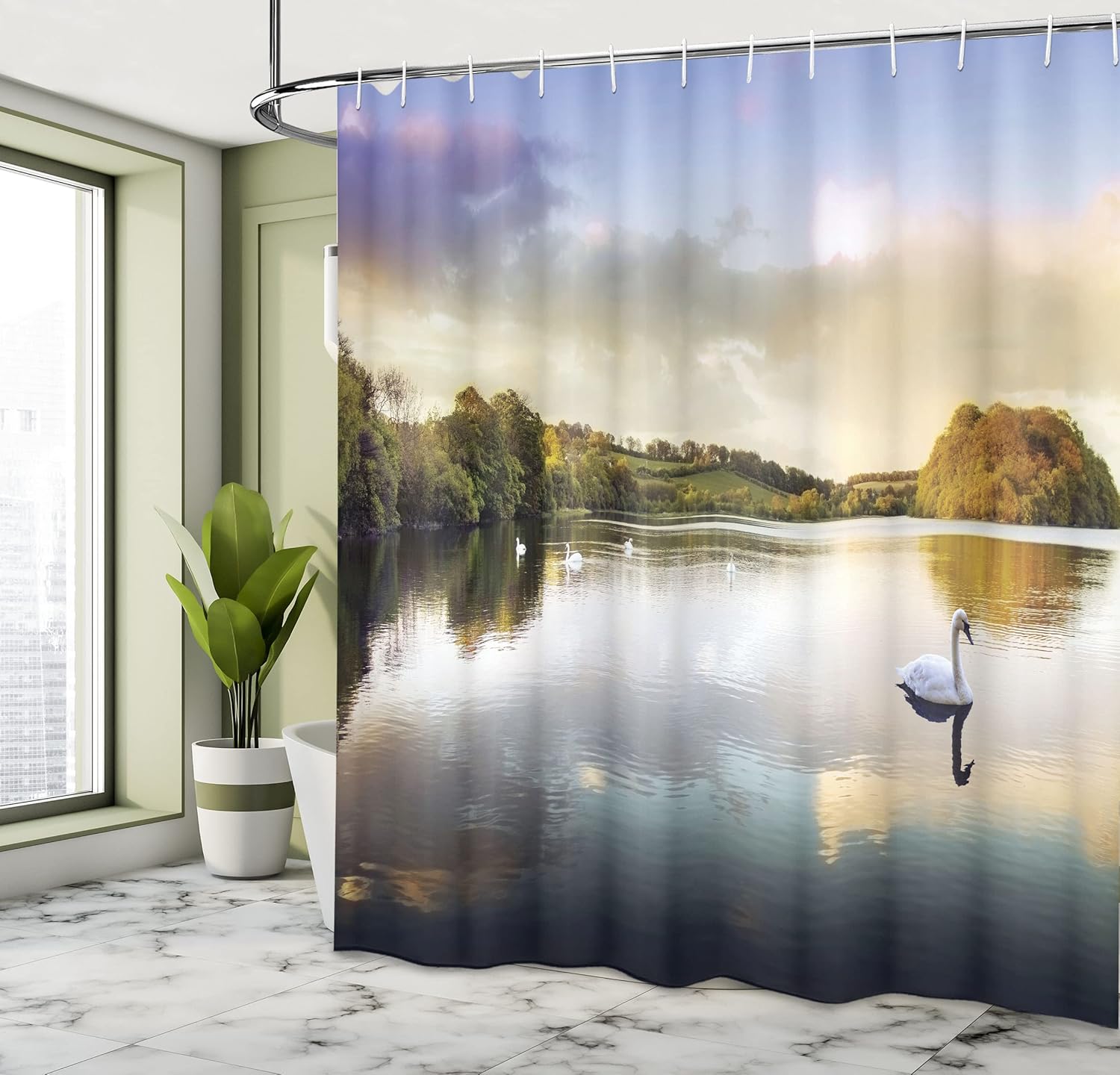 Ambesonne Rustic Shower Curtain, Pastel Dramatic Swans Resting on Lake Covered by Forest in Scottish Highlands Scenery Picture, Cloth Fabric Bathroom Decor Set with Hooks, 69" W x 84" L, Grey Orange