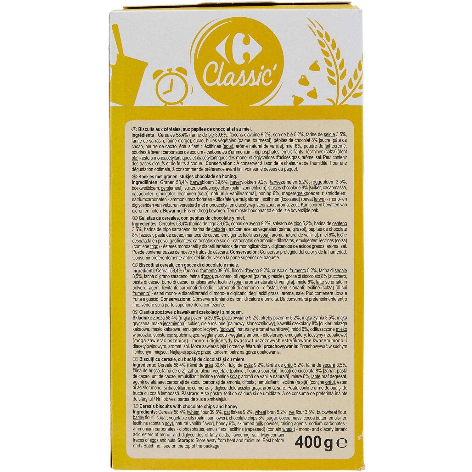 CARREFOUR CLASSIC - Biscuits aux Céréales aux Pépites de Chocolat et au Miel - Recette au Miel - la boite de 400g - Le Lot De 4