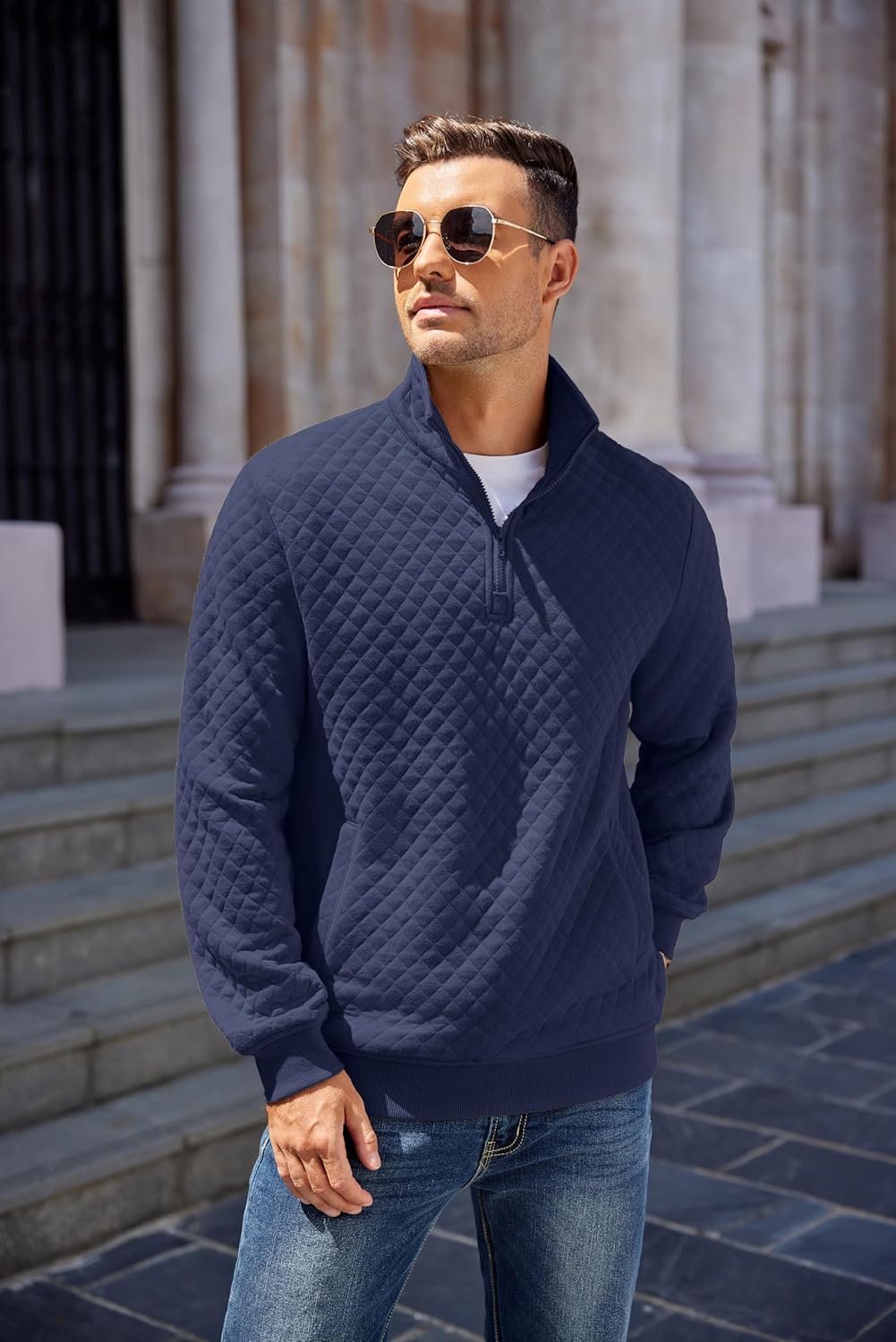 COOFANDY Mens Quarter Zip Pullover Quilted Sweatshirt Knit Long Sleeve Mock Neck Sweater Polo with Pocket - Image 2