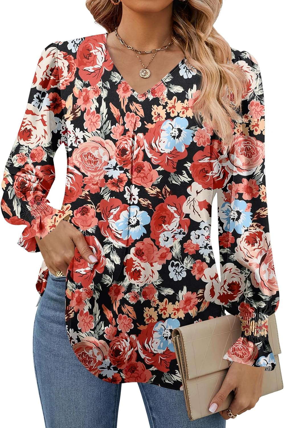 Funlingo Women's 2025 Long Sleeve Tops Dressy Casual V Neck Tunic Shirts Loose Chiffon Work Blouse