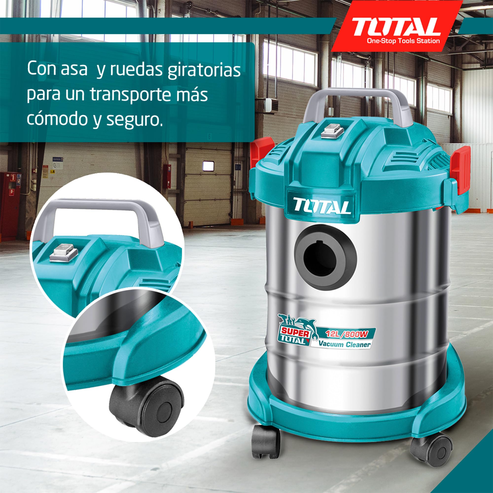 Total - Aspirador | Limpieza Profunda en Seco y Húmedo | Alta Potencia: 800W | Compacto y Fácil de Manejar | Capacidad de 12L | Incluye Tubo Desmontable y 2 Cabezales | 31 x 31 x 43