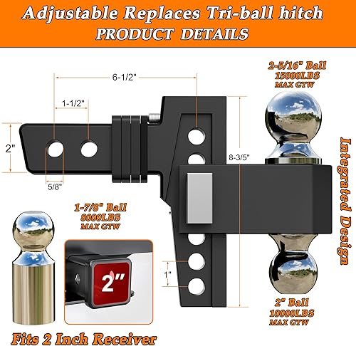 Vista 2 de VNN Enganche de caída ajustable - caída de 6 pulgadas, receptor de 2 pulgadas, 3 montajes de bola sólida intercambiables de 1-7/8", 2", 2-5/16