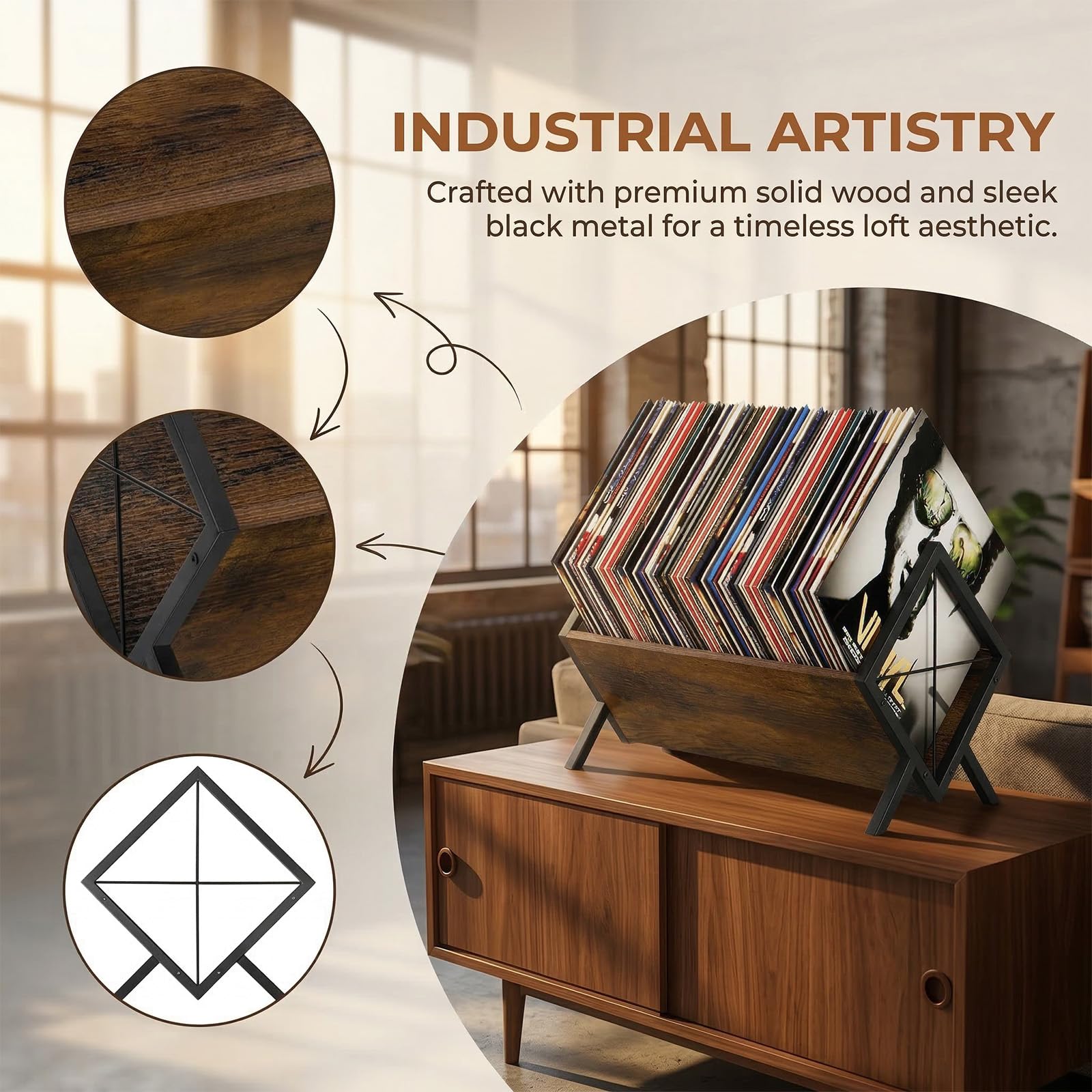 Contenitore per Dischi in Vinile per 80-100 LP, 40x35x35cm | Legno MDF e PVC, Per Vinili e Riviste, Divisori Regolabili, Coperchio Incluso, Nero