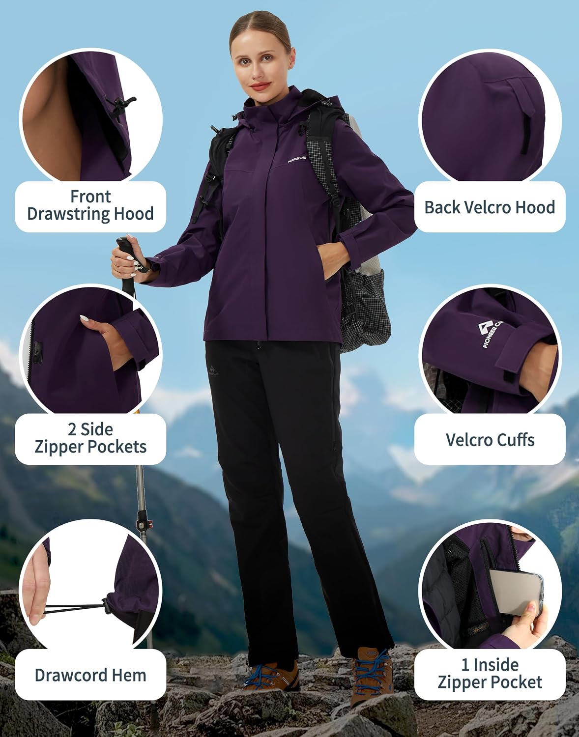 Pioneer Camp Women's Rain Jacket Waterproof Shell Jacket Hooded Windbreaker Lightweight Rain Coats for Outdoor Hiking Travel image 5