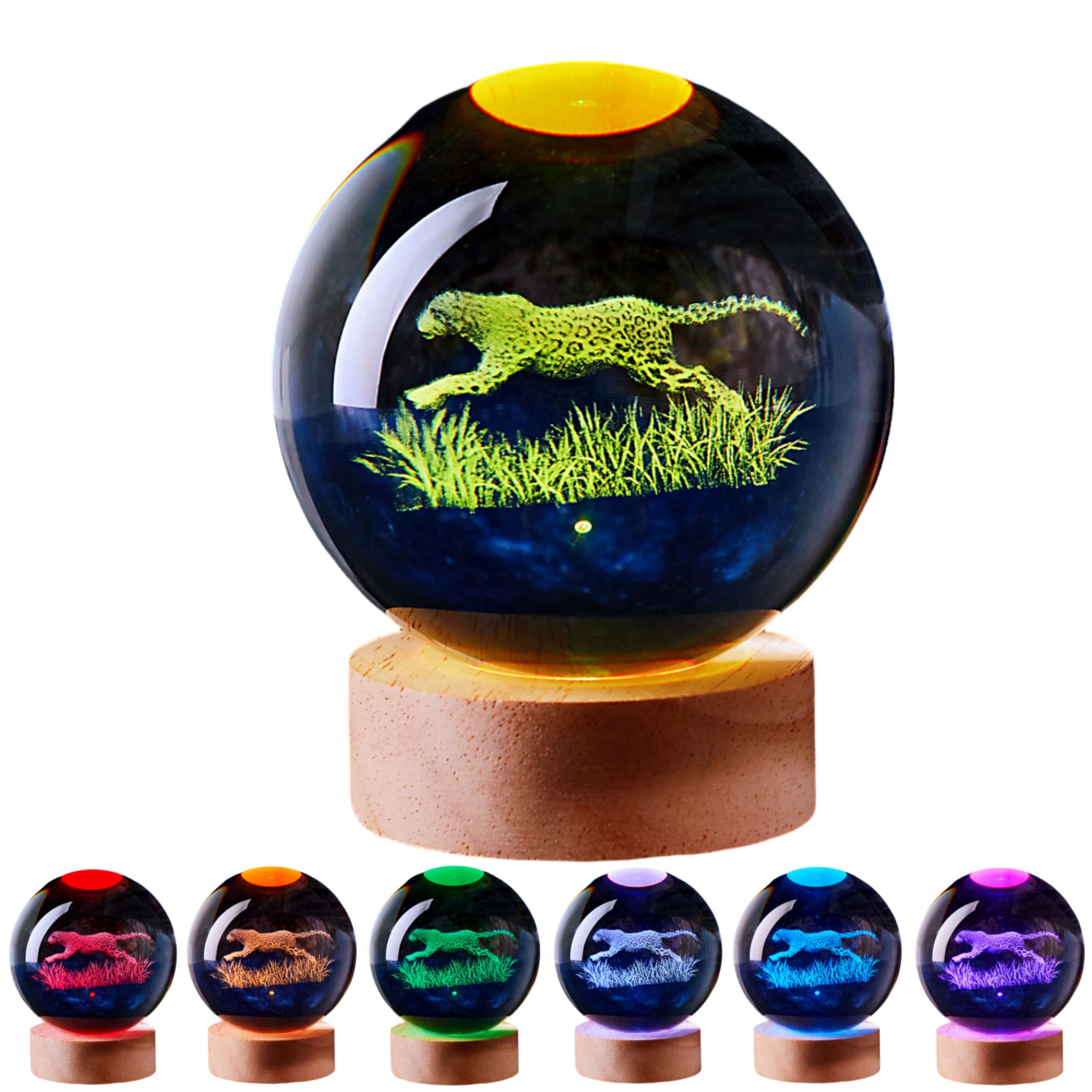 3D Large Leopard Crystal Ball Night Light with Wooden Base, Cheetah Crystal Lamp Gift for Kids Wife Friends, 16 Color Changing with Remote Control, Laser Engraved 3.15 inch Glass Ball Lamp (Leopard)