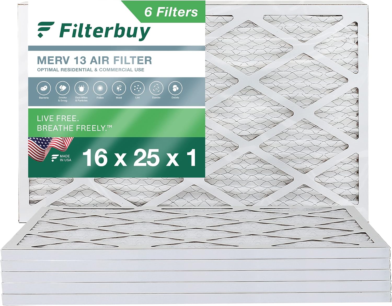 Filterbuy 16x25x1 Air Filter MERV 13 Optimal Defense (6-Pack), Pleated HVAC AC Furnace Air Filters Replacement (Actual Size: 15.50 x 24.50 x 0.75 Inches)