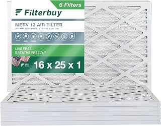 Filterbuy 16x25x1 Air Filter MERV 13 Optimal Defense (6-Pack), Pleated HVAC AC Furnace Air Filters Replacement (Actual Size: 15.50 x 24.50 x 0.75 Inches)