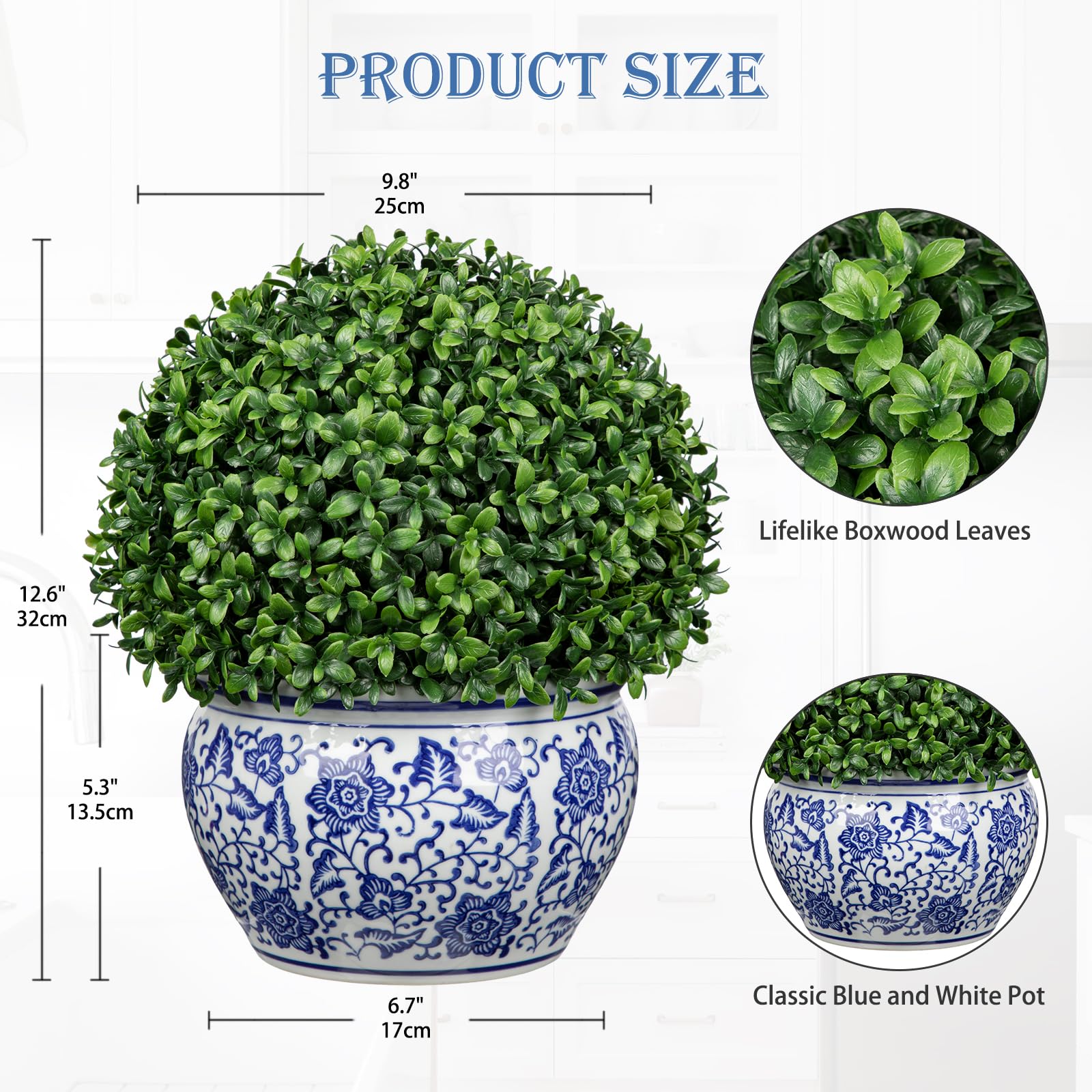 Oairse Plantes artificielles en forme de boule de buis en céramique bleue et blanche - 32 cm de haut