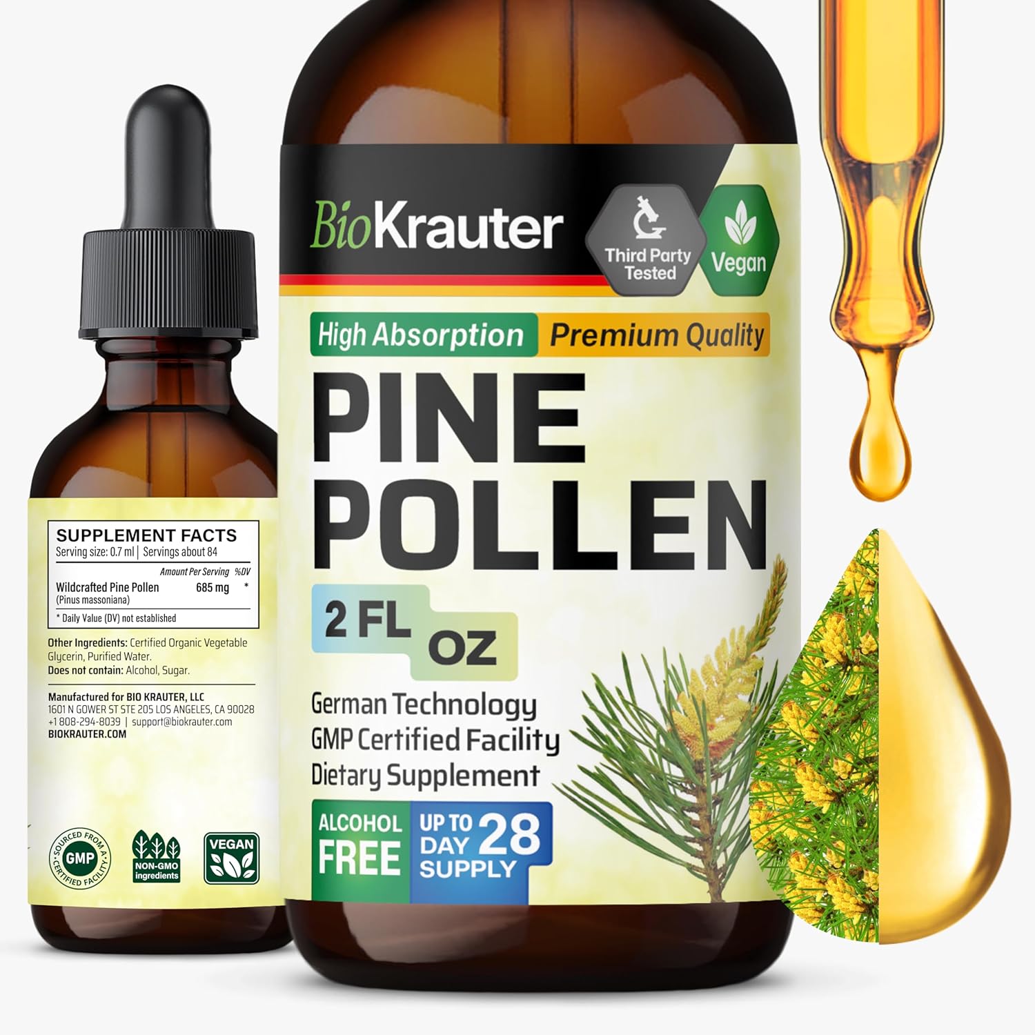 BIO KRAUTER® Pine Pollen for Men's Support - Pure & Vegan Pine Pollen Tincture 685 mg per Serving 2 Fl.Oz 28-Day Supply - Immune Support Supplement & Antioxidants - Alcohol & Sugar Free
