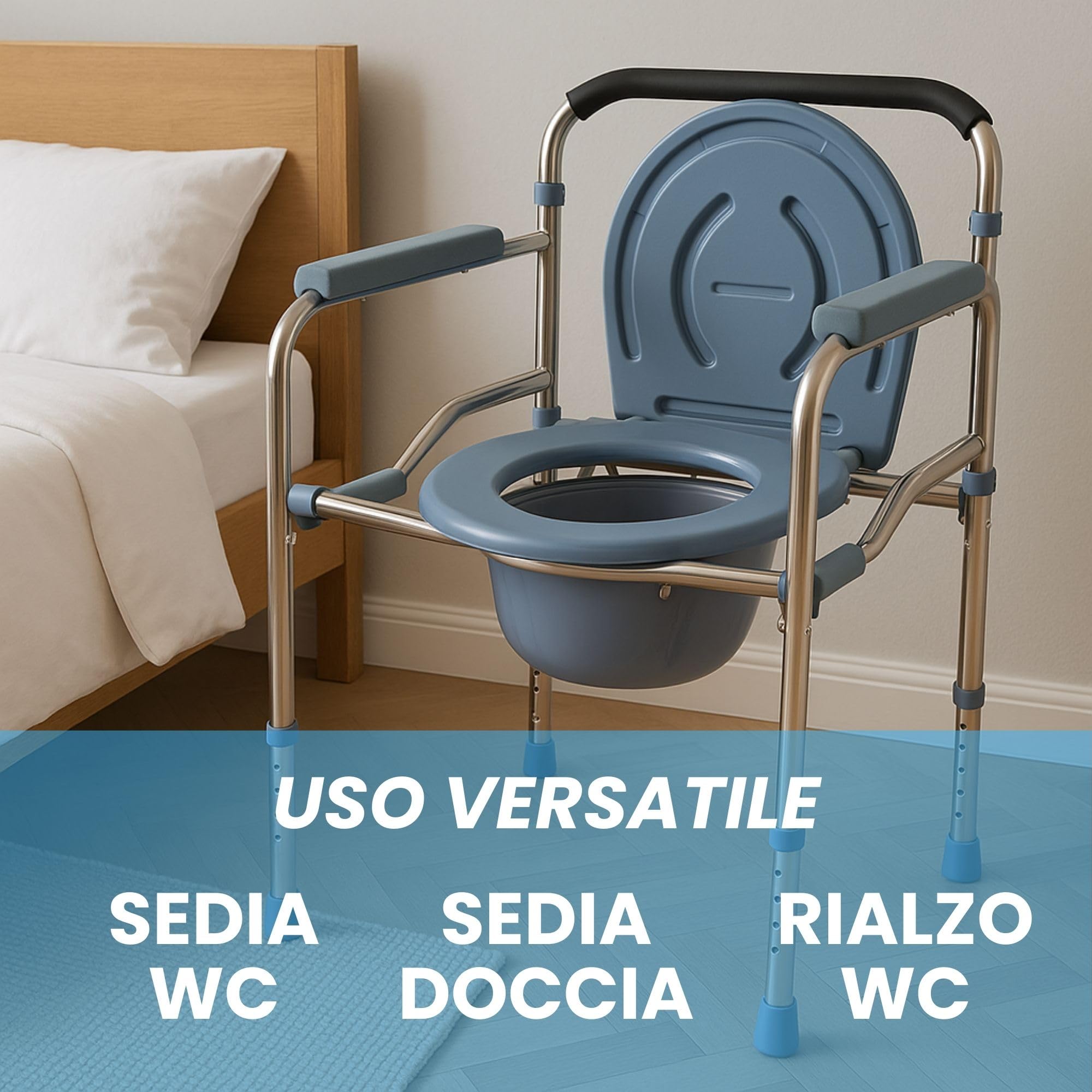 FERRUCCI COMFORT Sedia WC Comoda Multifunzione (4 funzioni in 1), Rialzo Water, Sedile Doccia e Sedia da Comodo per Anziani e Disabili, in Alluminio ed Ergonomica