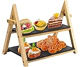 HEFTMAN 2 Tier Slate Cake Stand - Rustic Tiered Serving Platter for Afternoon Tea, Wood/Slate Foldable Food Display Stand - Serve Desserts, Sushi, Appetisers, Cakes, Cheese, Tapas, Meats (32cm x 41cm)