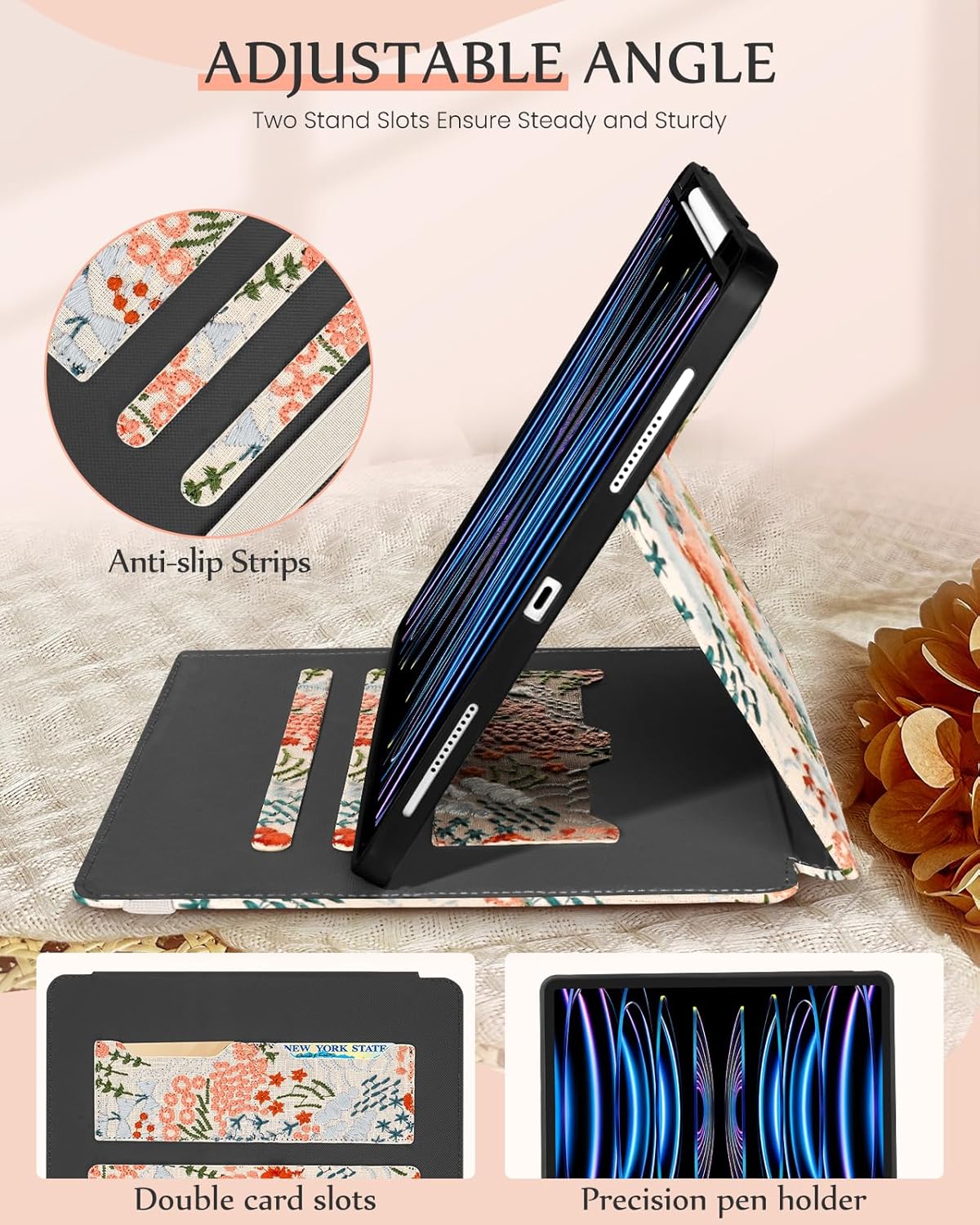 Uppuppy for iPad Air 13 Inch Case M3 2025/M2 2024, for iPad Pro 12.9 Case 6th/5th/4th/3rd Gen - Women Girls Cute Embroidered Folio Stand Cover with Pencil Holder & Card Slot Design Girly Floral Flower