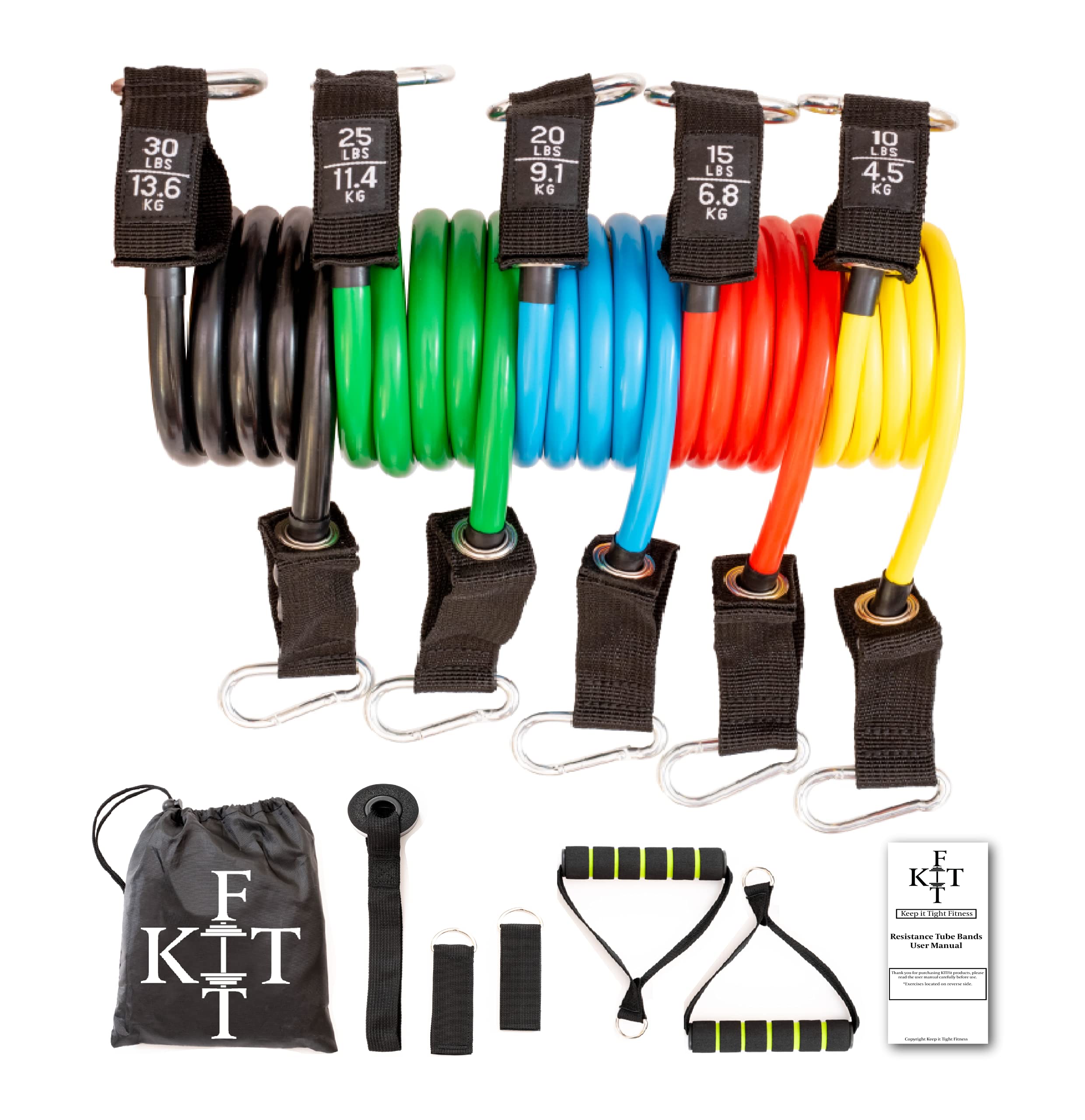 KITFit Resistance Band Set (12pcs) - Resistance Bands with Handles, Door Anchor, Ankle Straps, Carry Bag, Instruction Guide