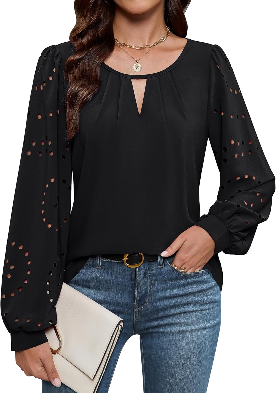 Blooming Jelly Womens Dressy Casual Tops Business Eyelet Long Sleeve Shirts Work Office Cute Blouses Trendy Fall Outfits